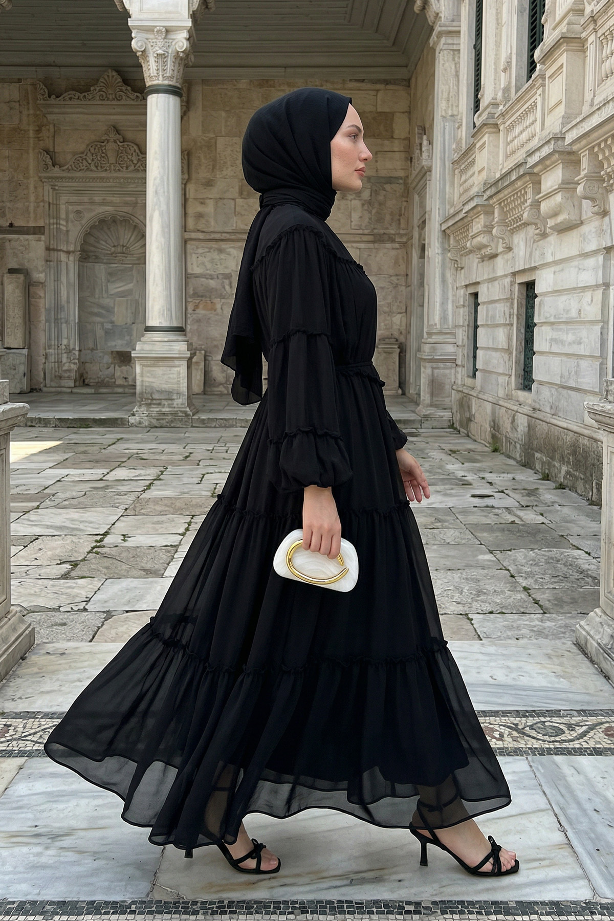 Şifon Fırfırlı Elbise 9886 - SİYAH |  