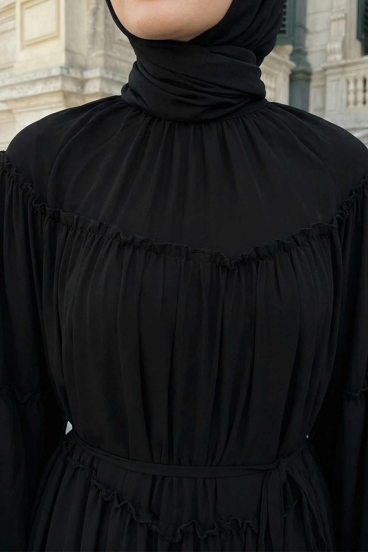 Şifon Fırfırlı Elbise 9886 - SİYAH |  