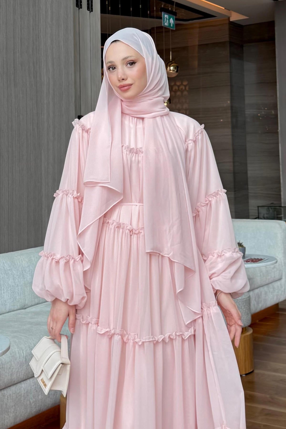 Şifon Fırfırlı Elbise 9886 - PEMBE | zenne.com 