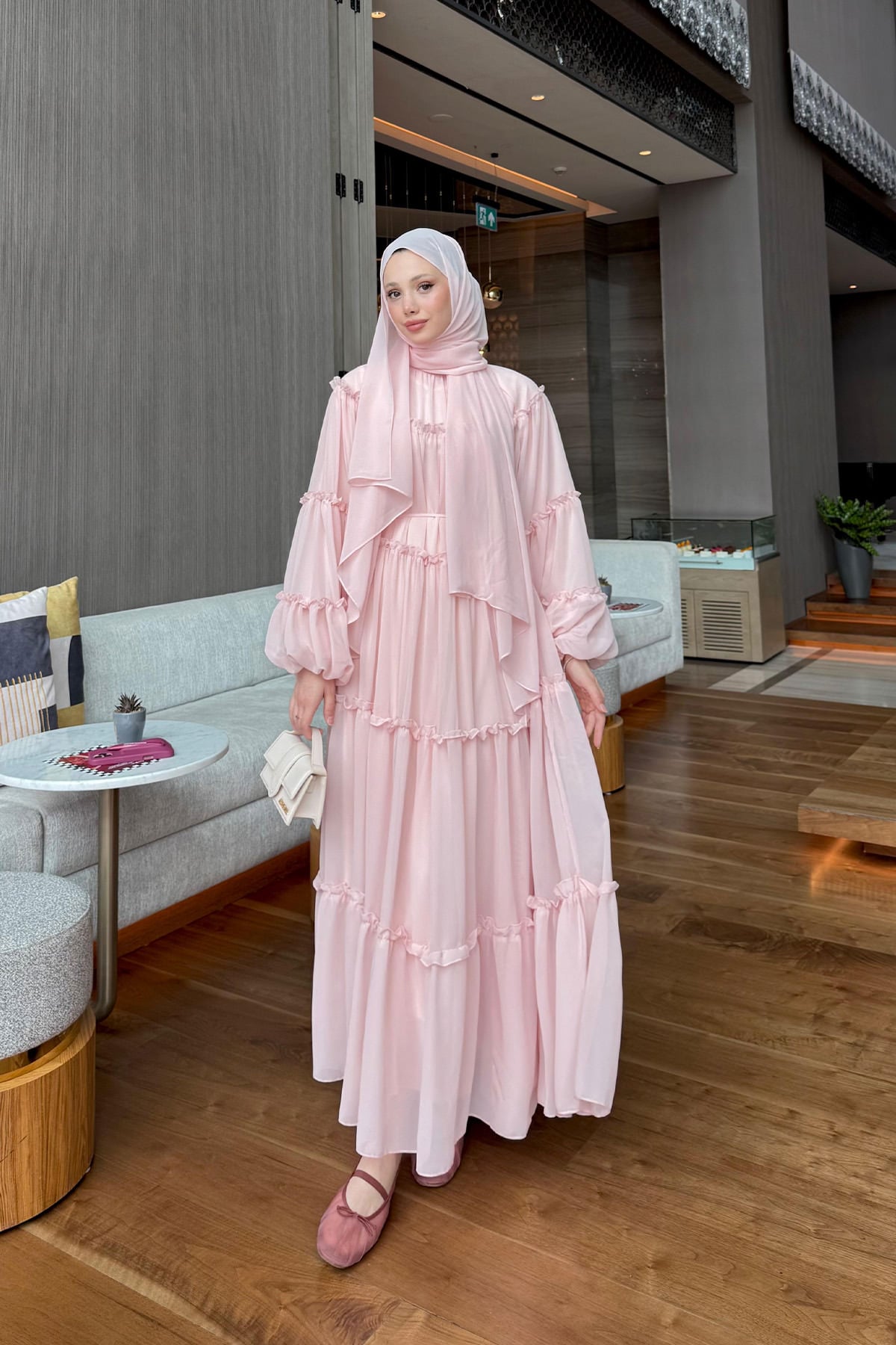 Şifon Fırfırlı Elbise 9886 - PEMBE | zenne.com 