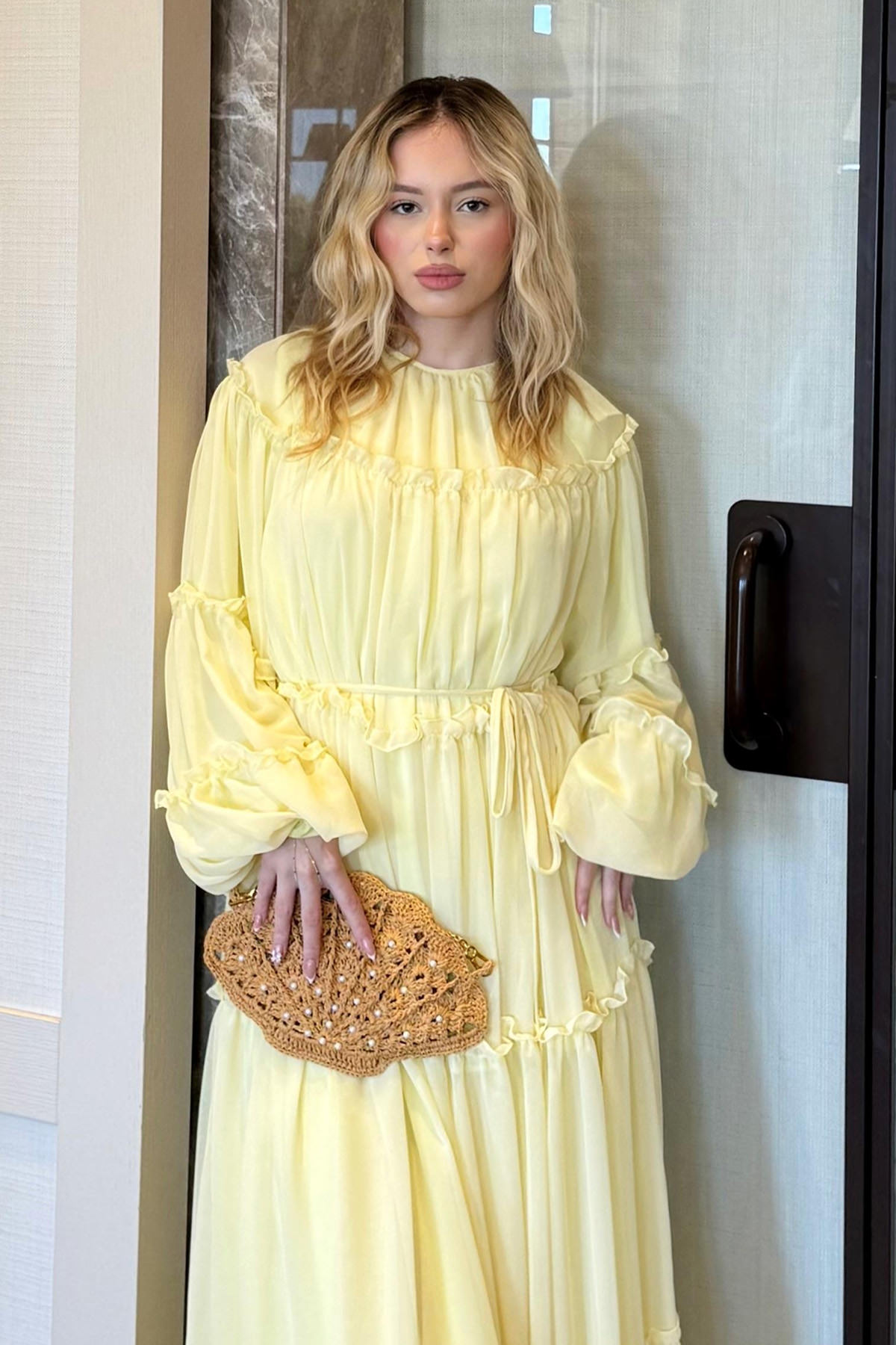 Şifon Fırfırlı Elbise 9886 - SARI |  