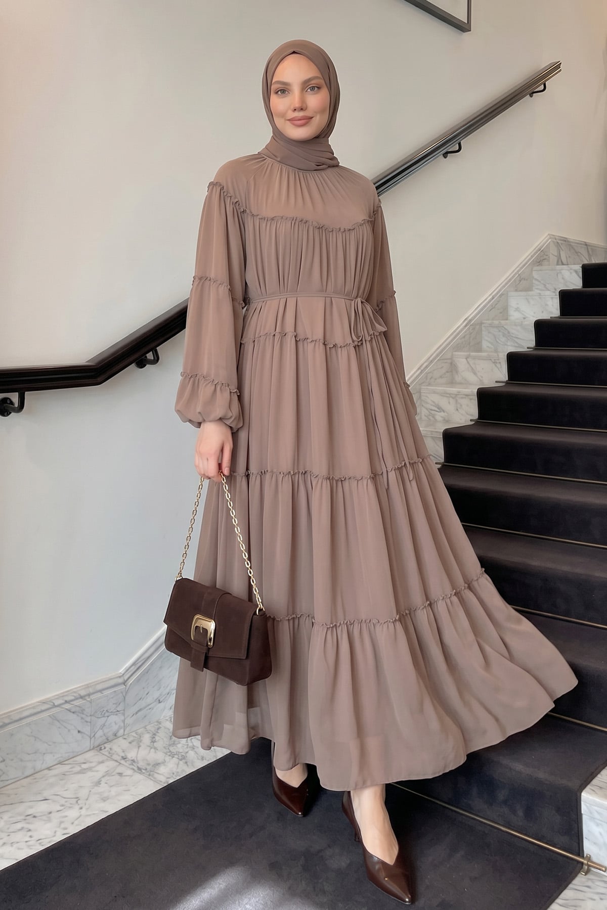 Şifon Fırfırlı Elbise 9886 - VİZON |  