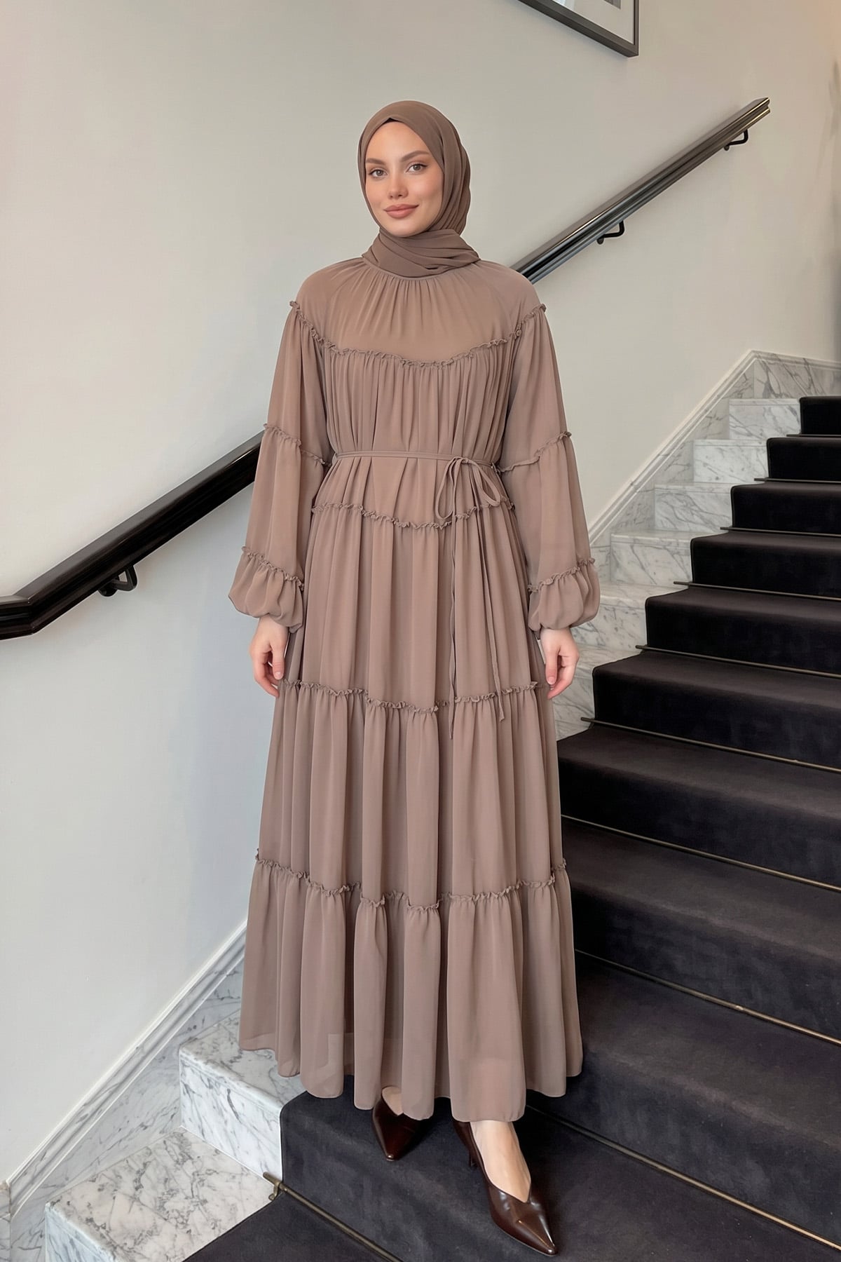 Şifon Fırfırlı Elbise 9886 - VİZON |  