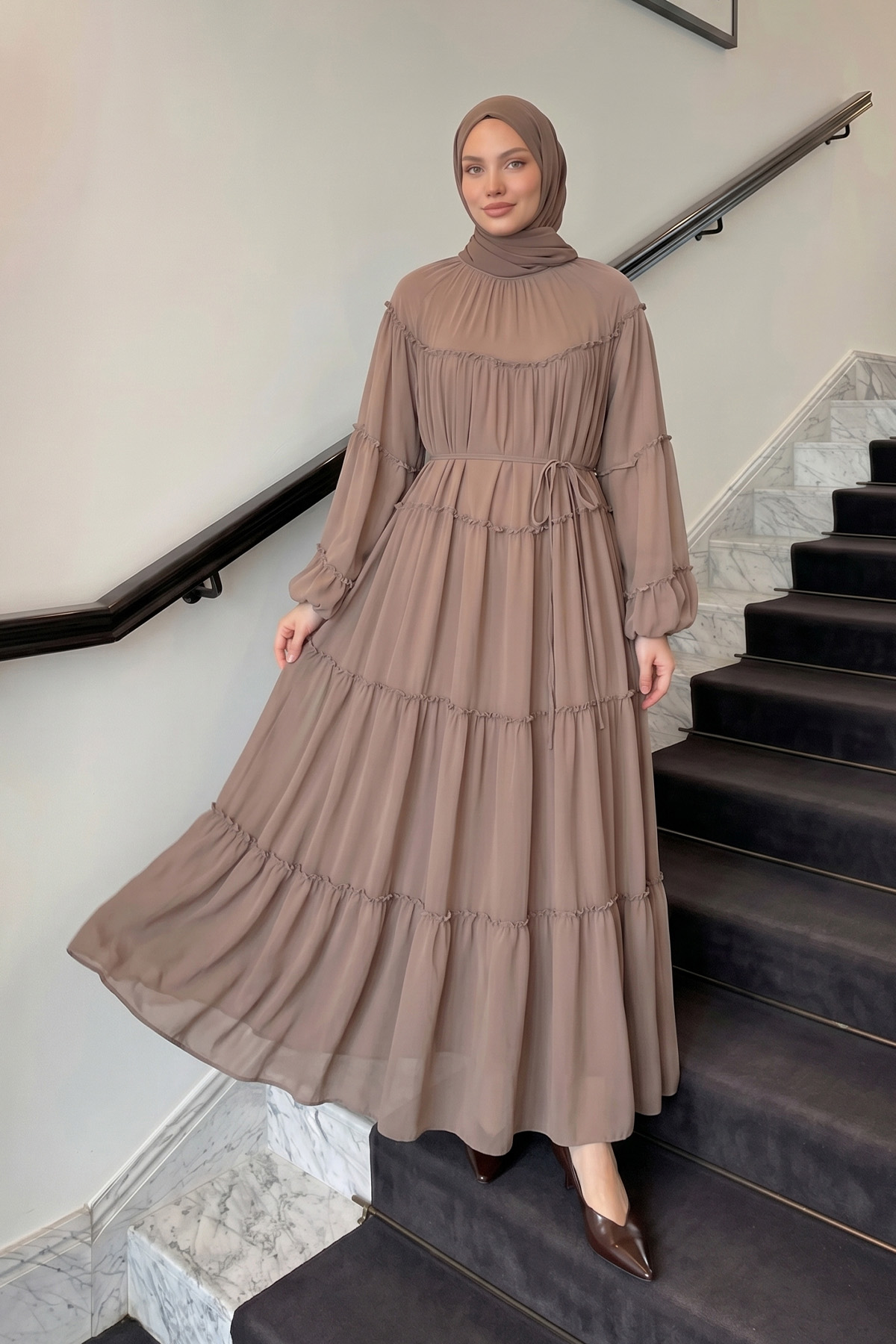 Şifon Fırfırlı Elbise 9886 - VİZON |  