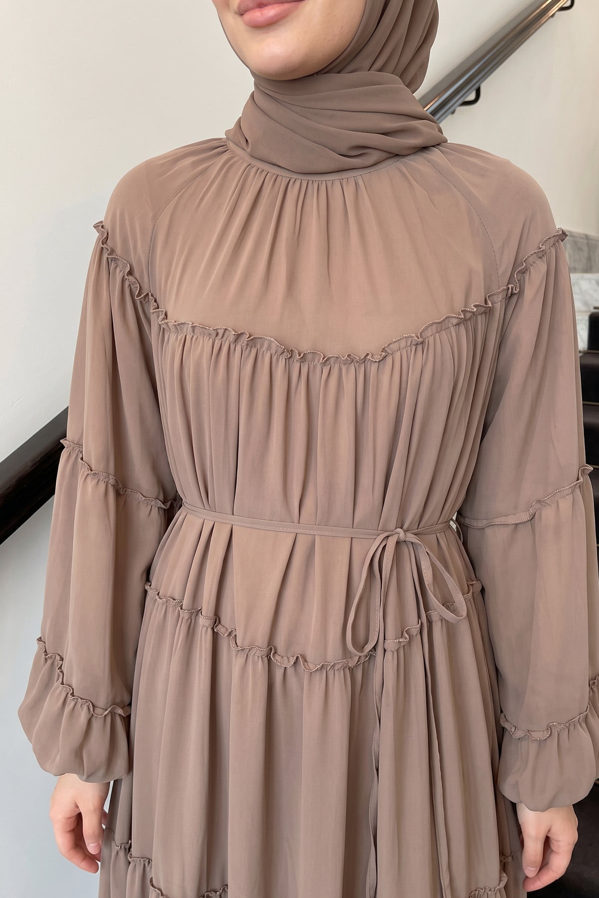 Şifon Fırfırlı Elbise 9886 - VİZON |  