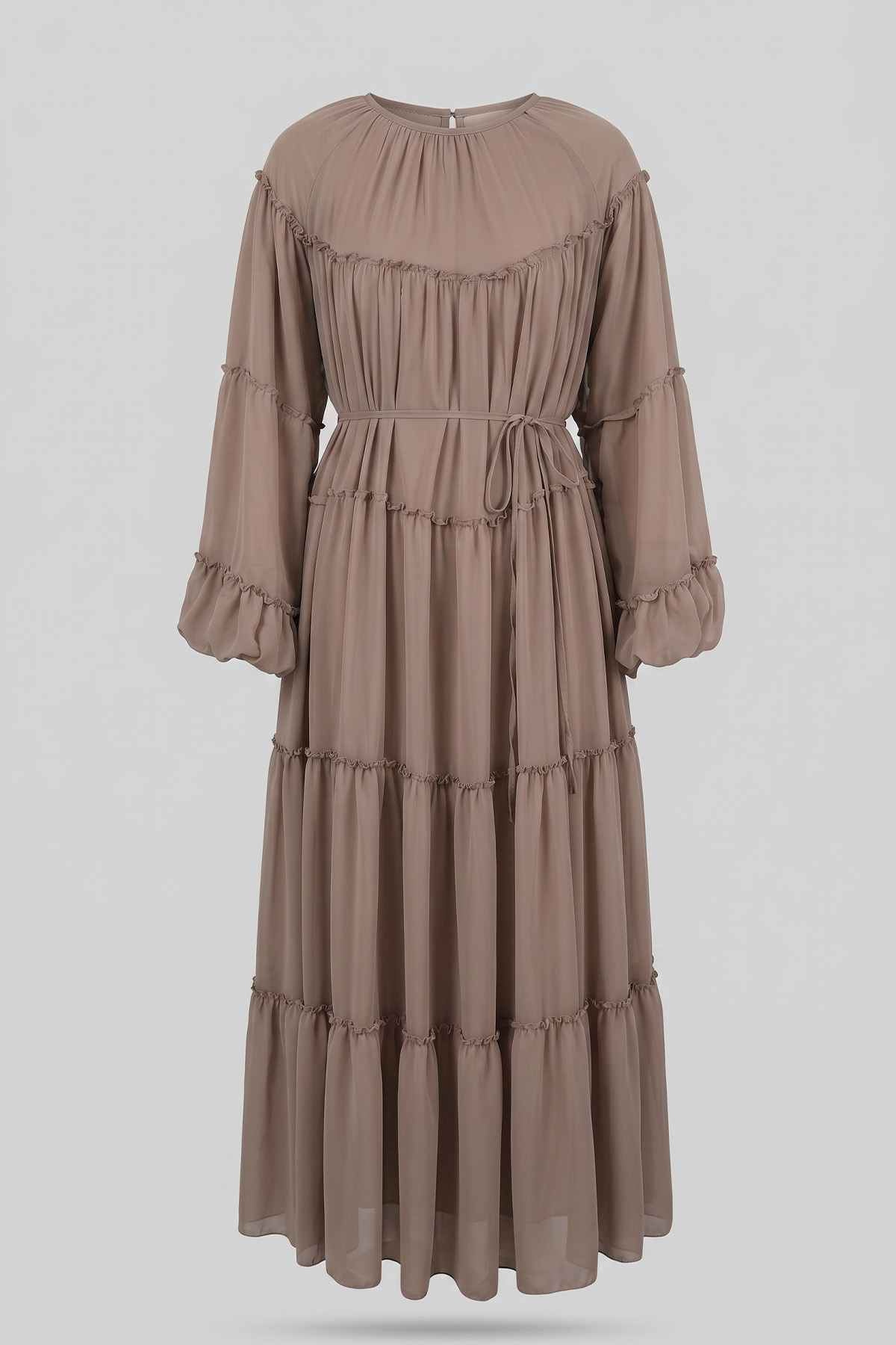 Şifon Fırfırlı Elbise 9886 - VİZON |  