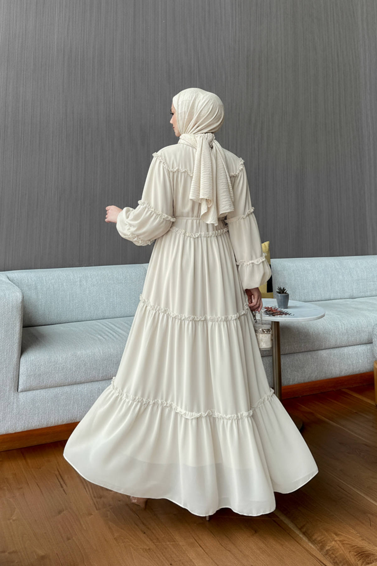 Şifon Fırfırlı Elbise 9886 - TAŞ RENGİ |  