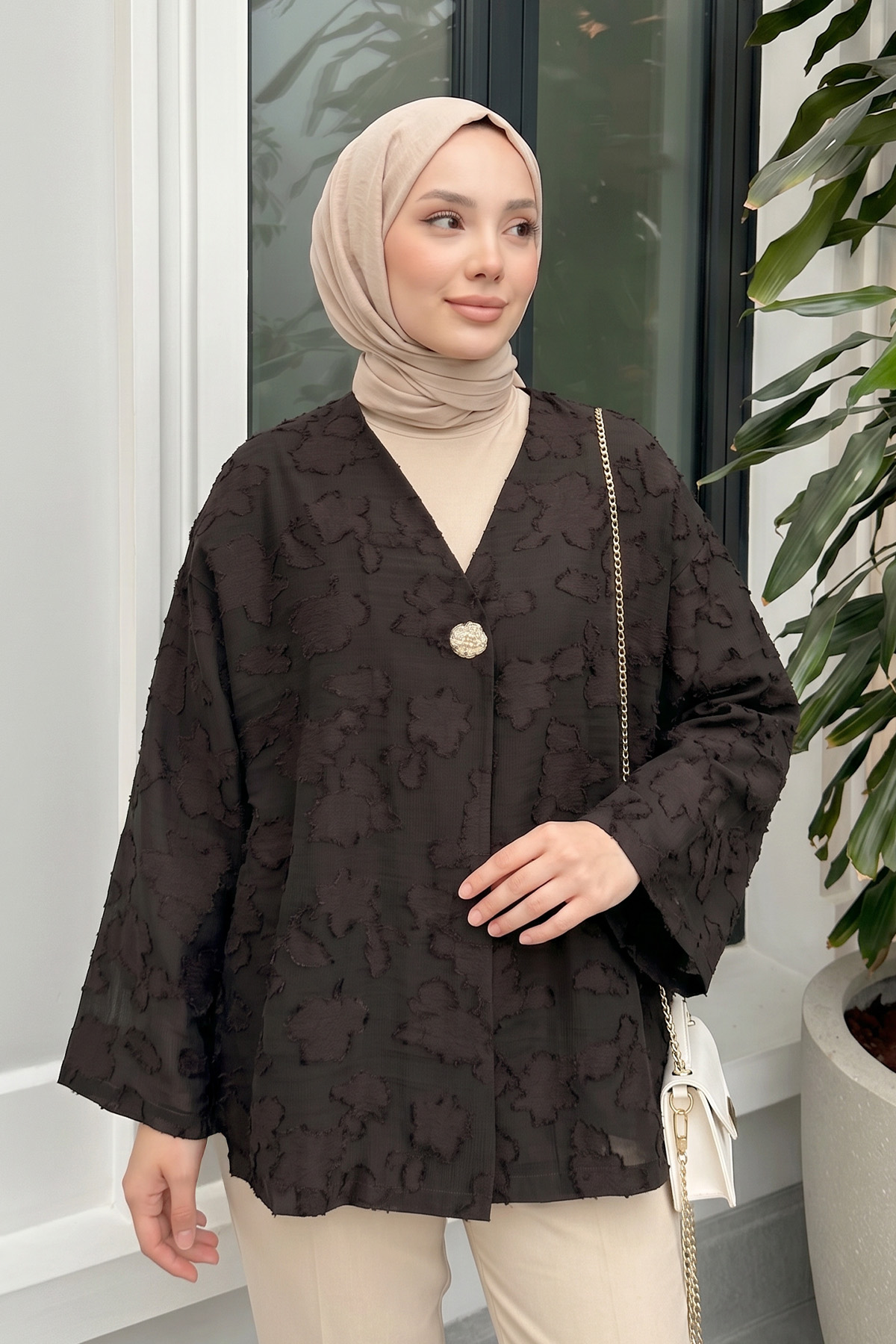 Jakar Detaylı Kimono Y0111 - ACI KAHVE |  