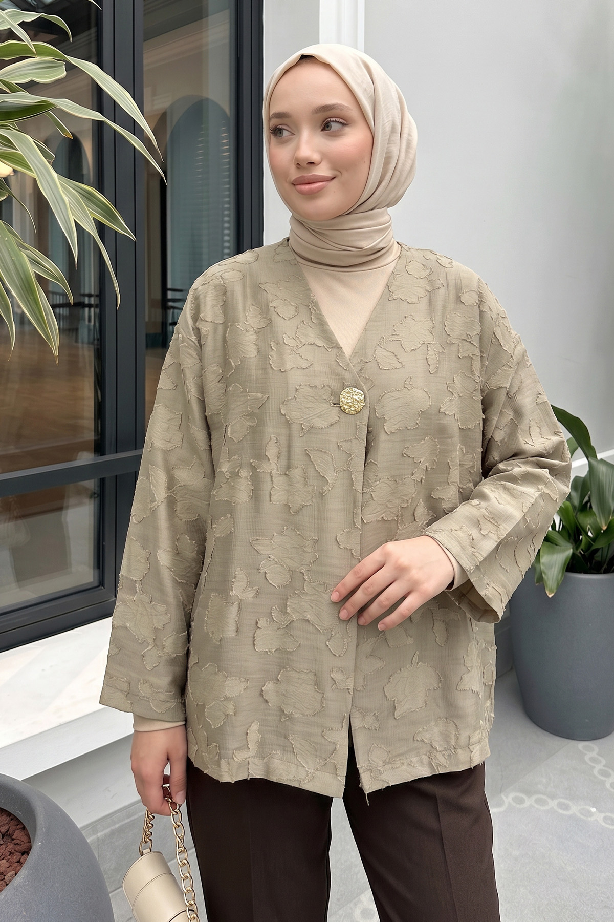 Jakar Detaylı Kimono Y0111 - AÇIK HAKİ |  