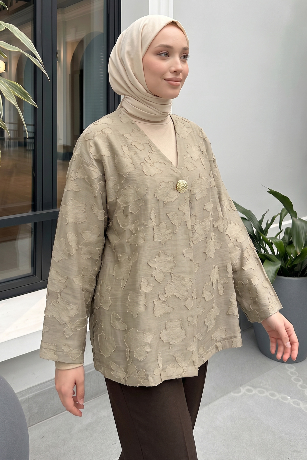 Jakar Detaylı Kimono Y0111 - AÇIK HAKİ |  