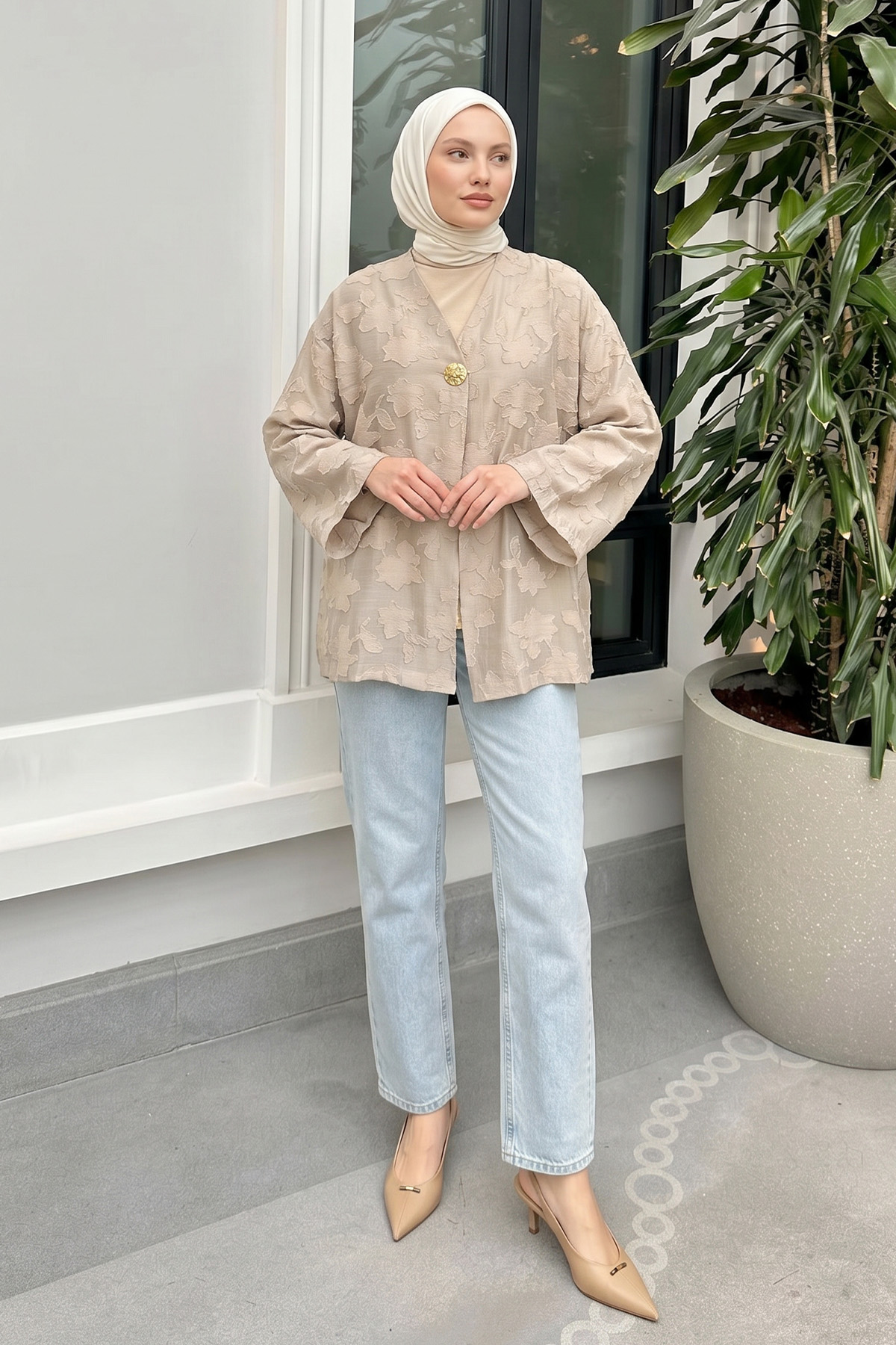 Jakar Detaylı Kimono Y0111 - BEJ |  