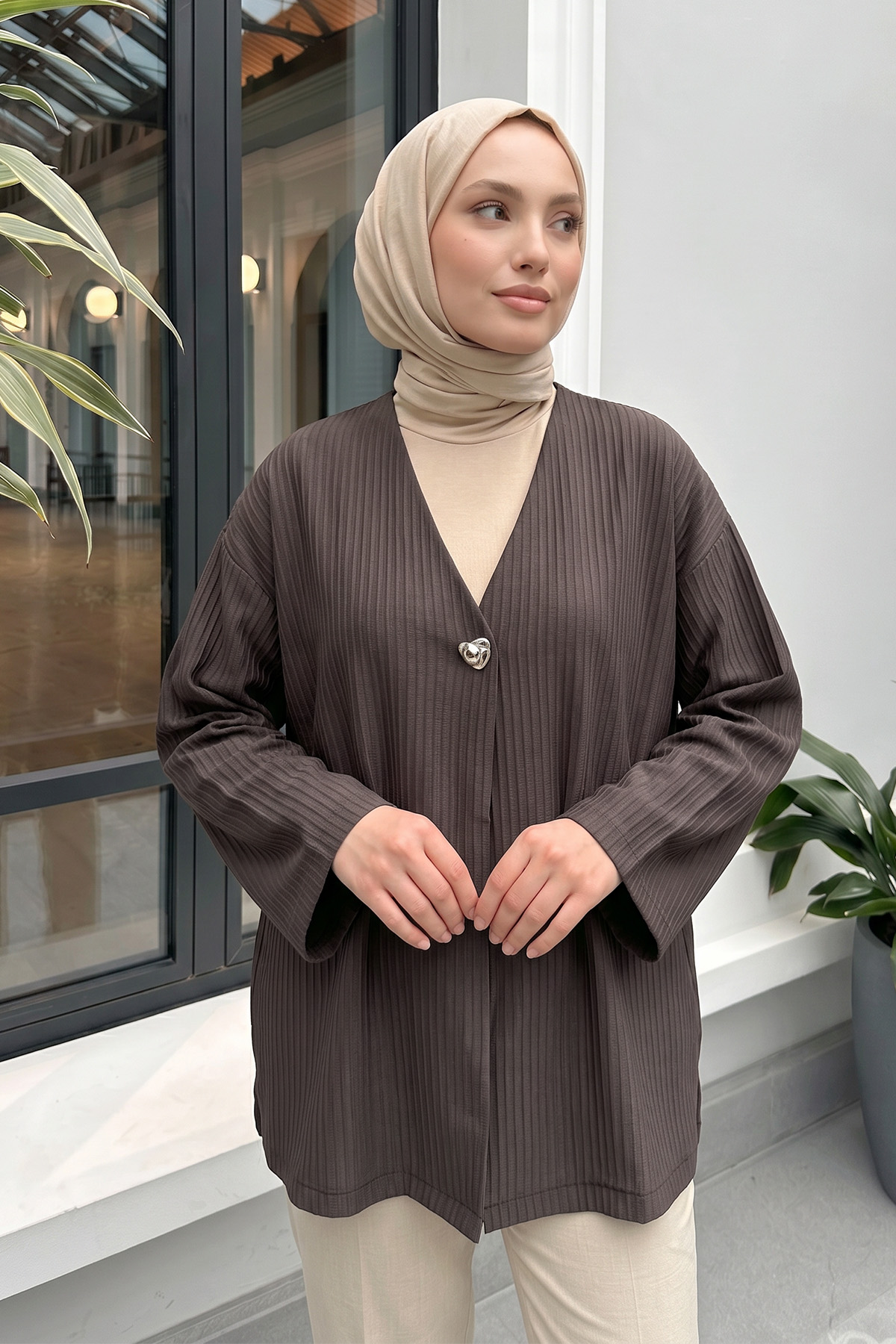 Tek Düğmeli Kimono Y0130 - KAHVERENGİ |  