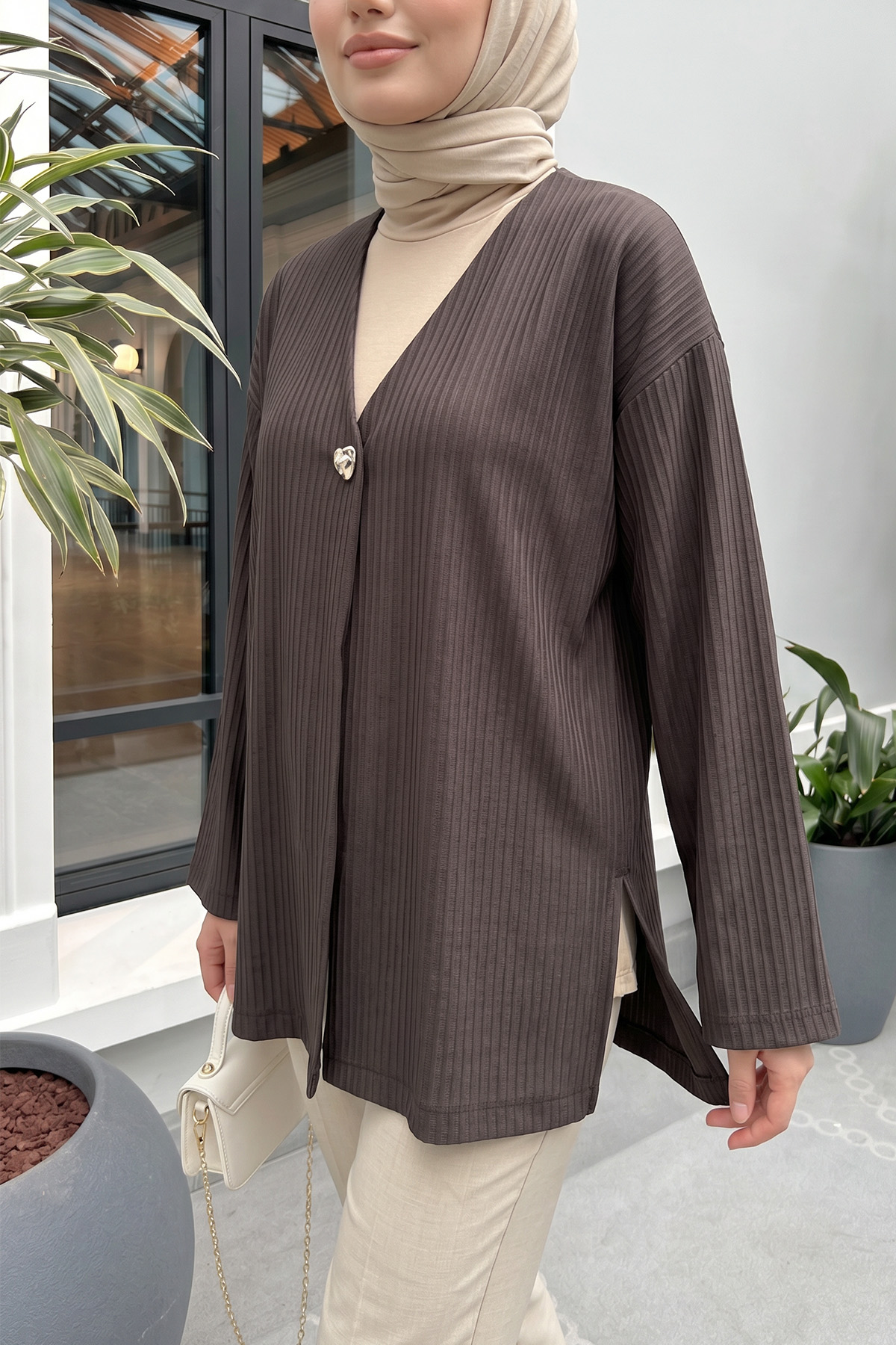 Tek Düğmeli Kimono Y0130 - KAHVERENGİ |  