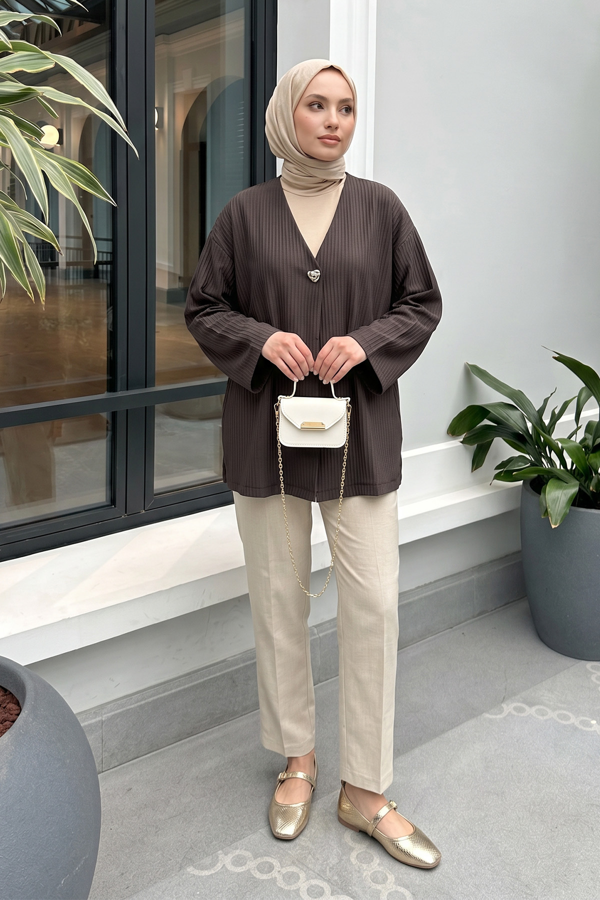 Tek Düğmeli Kimono Y0130 - KAHVERENGİ |  