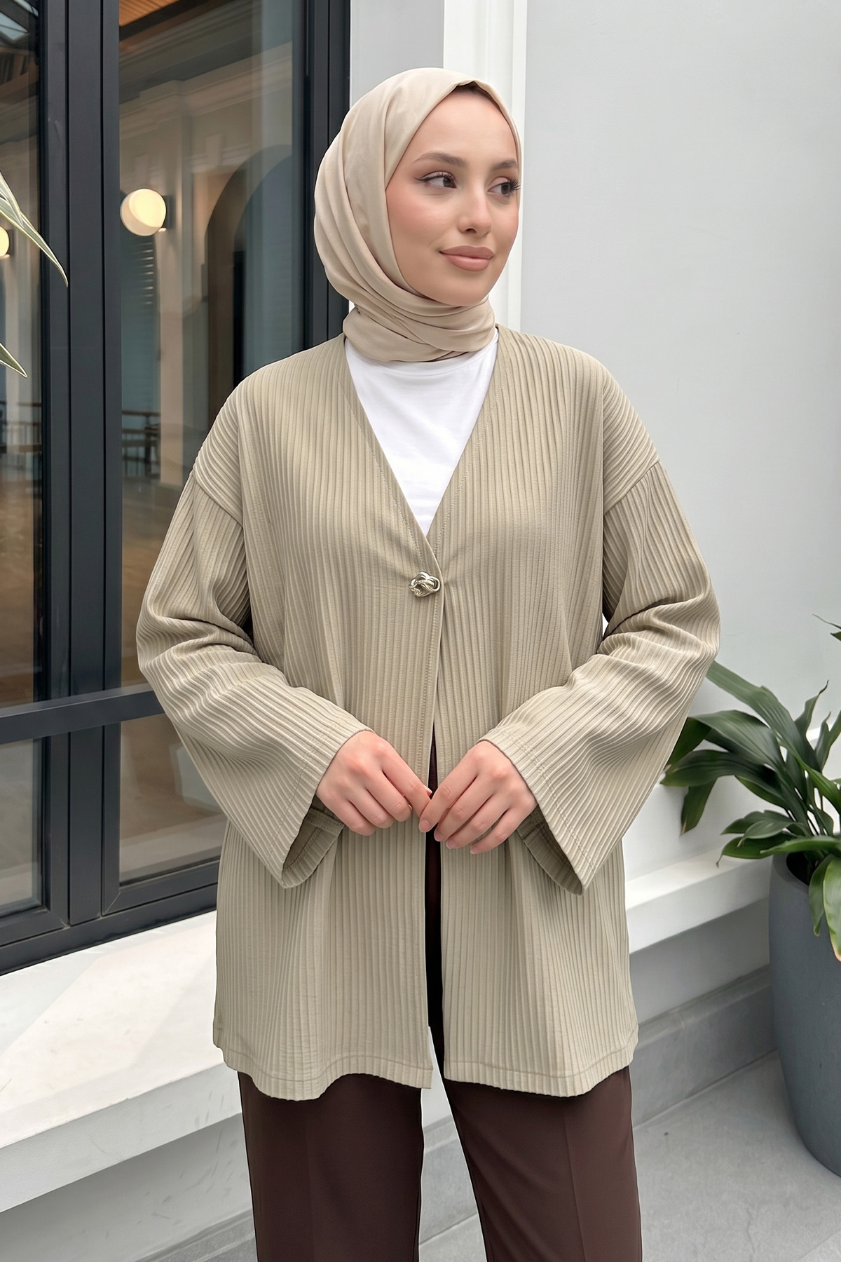 Tek Düğmeli Kimono Y0130 - AÇIK HAKİ |  