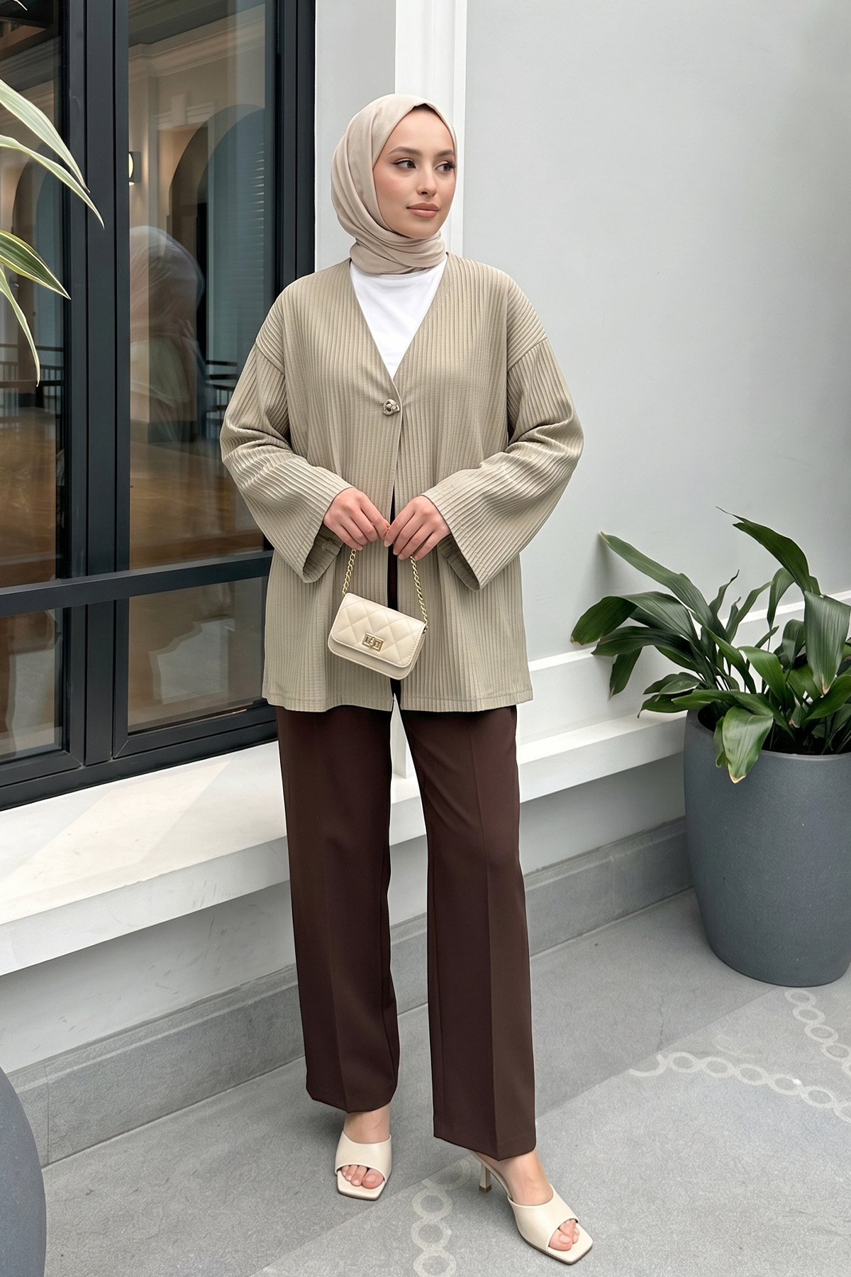 Tek Düğmeli Kimono Y0130 - AÇIK HAKİ |  