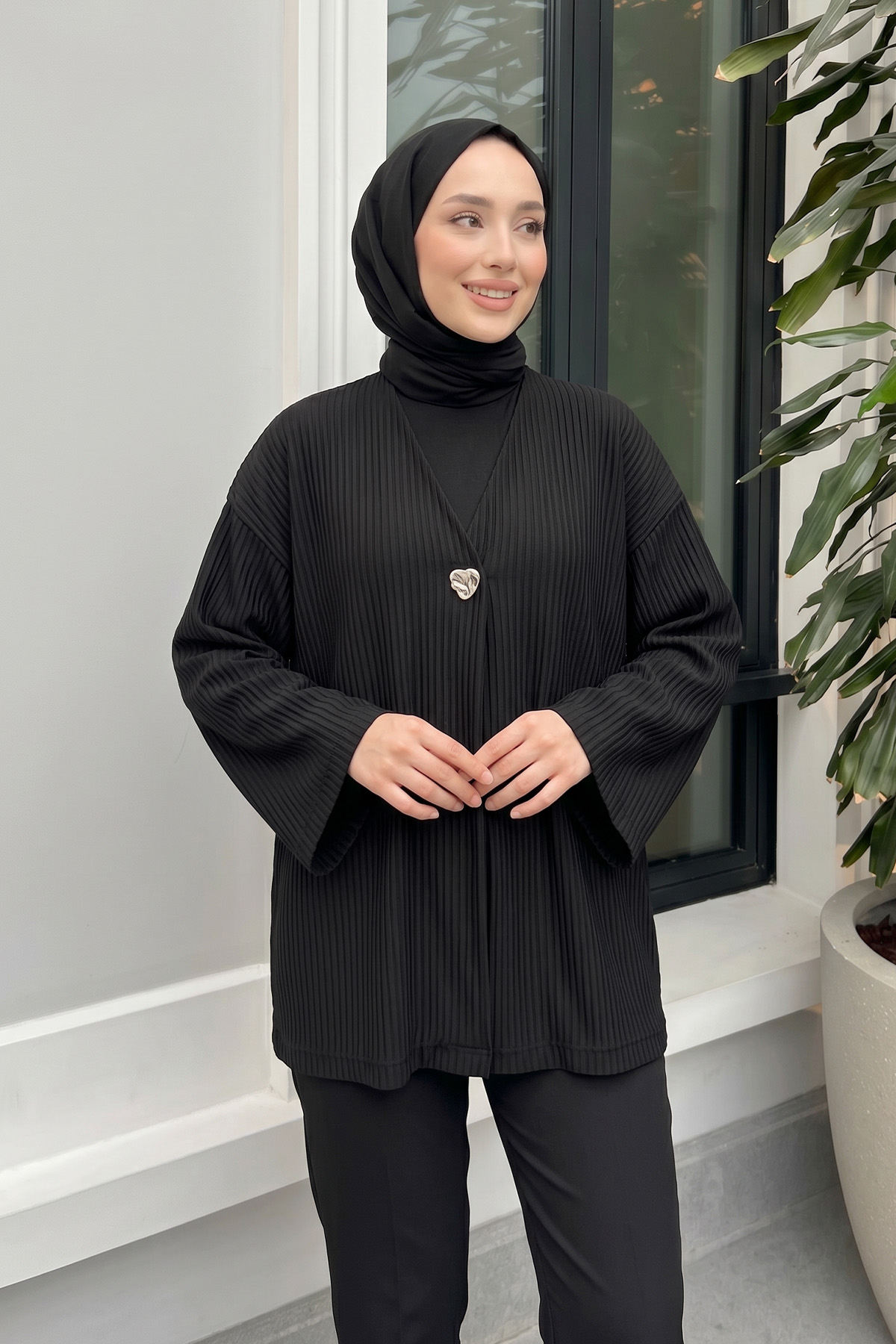 Tek Düğmeli Kimono Y0130 - SİYAH |  