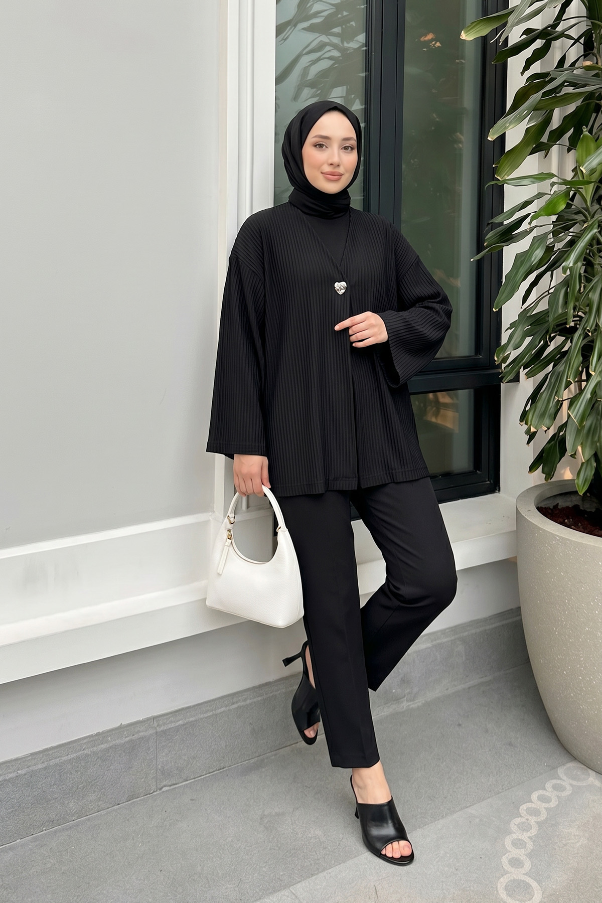 Tek Düğmeli Kimono Y0130 - SİYAH |  