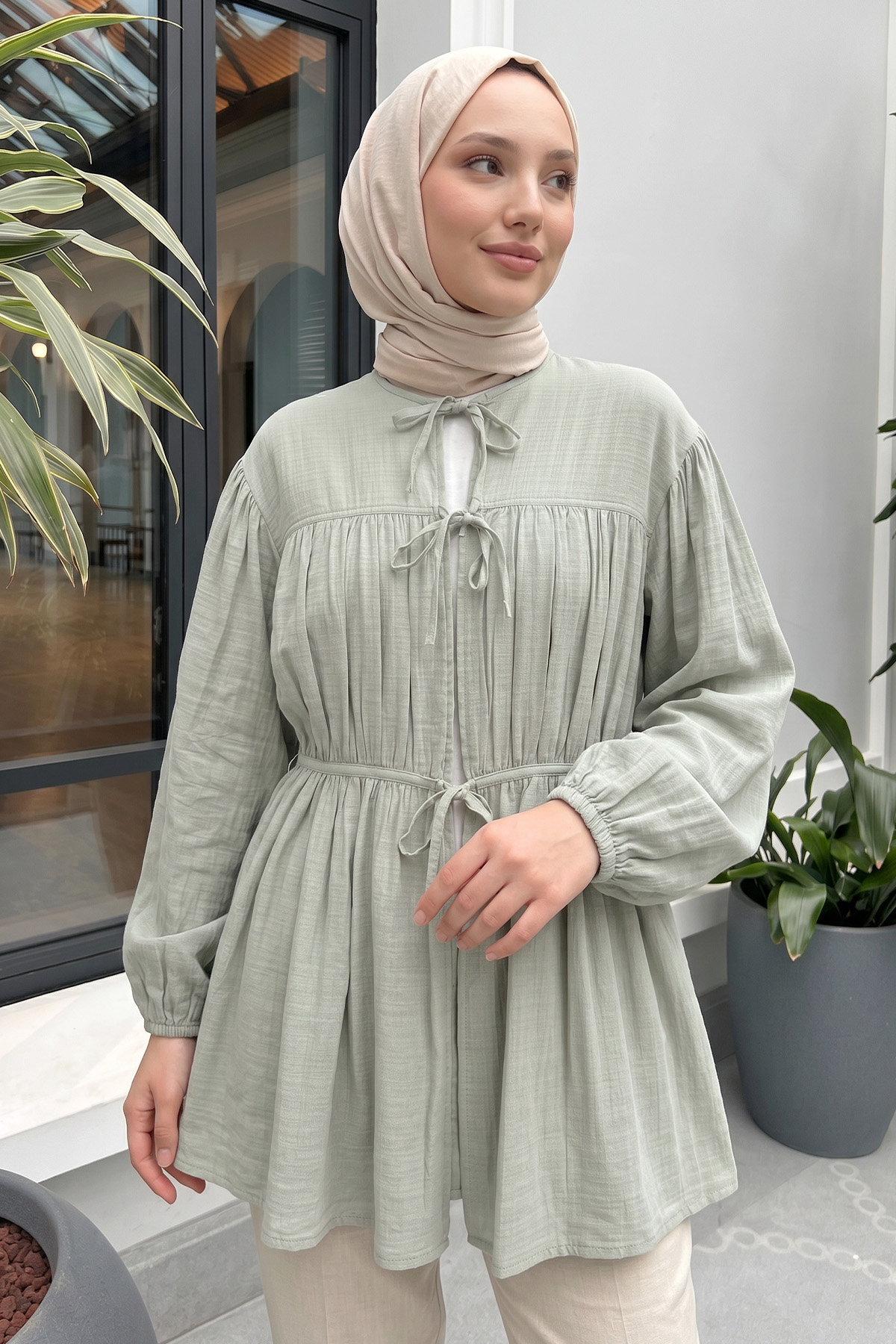 Ön Büzgülü Uzun Tunik 262338 - MİNT YEŞİLİ |  