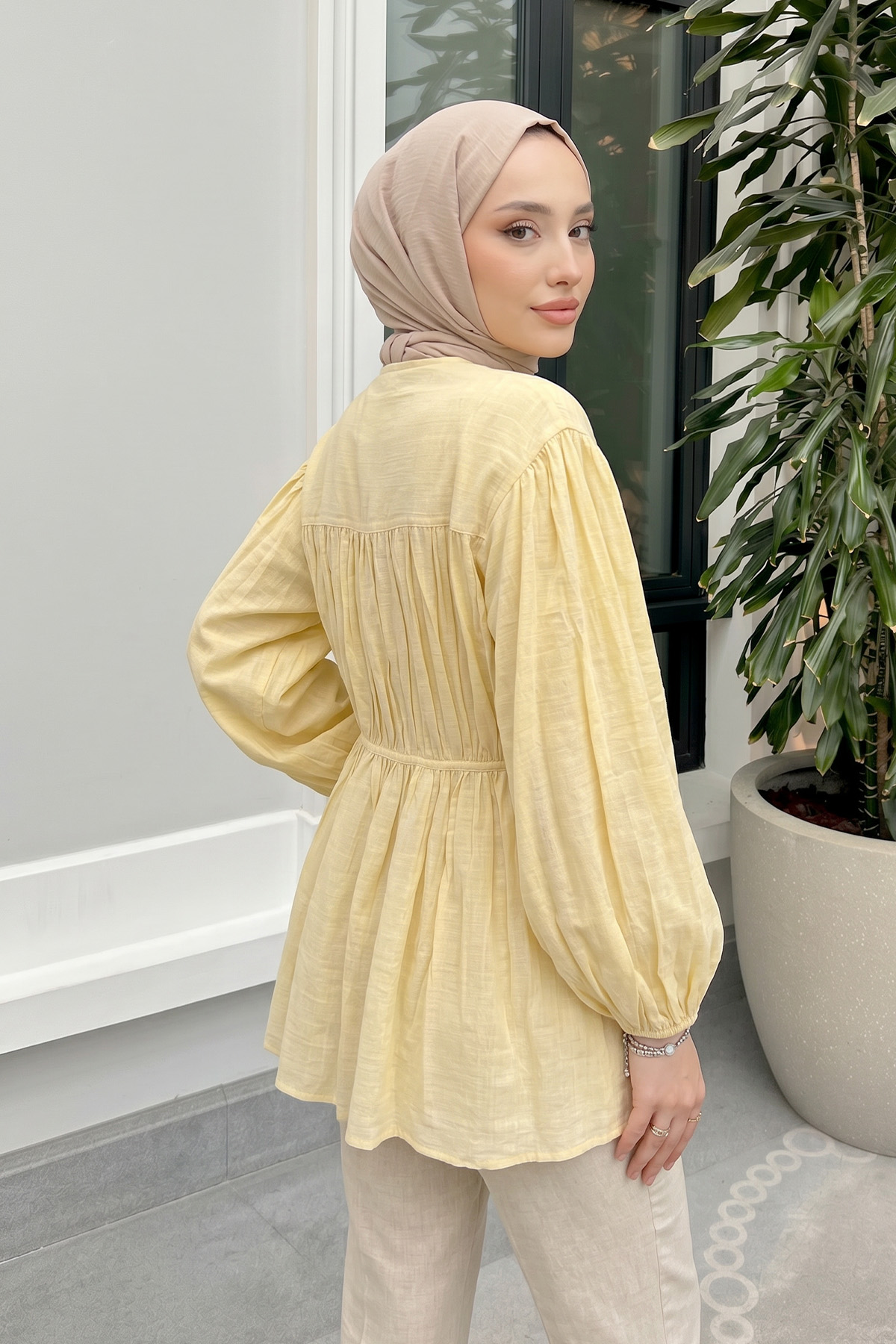 Ön Büzgülü Uzun Tunik 262338 - SARI |  