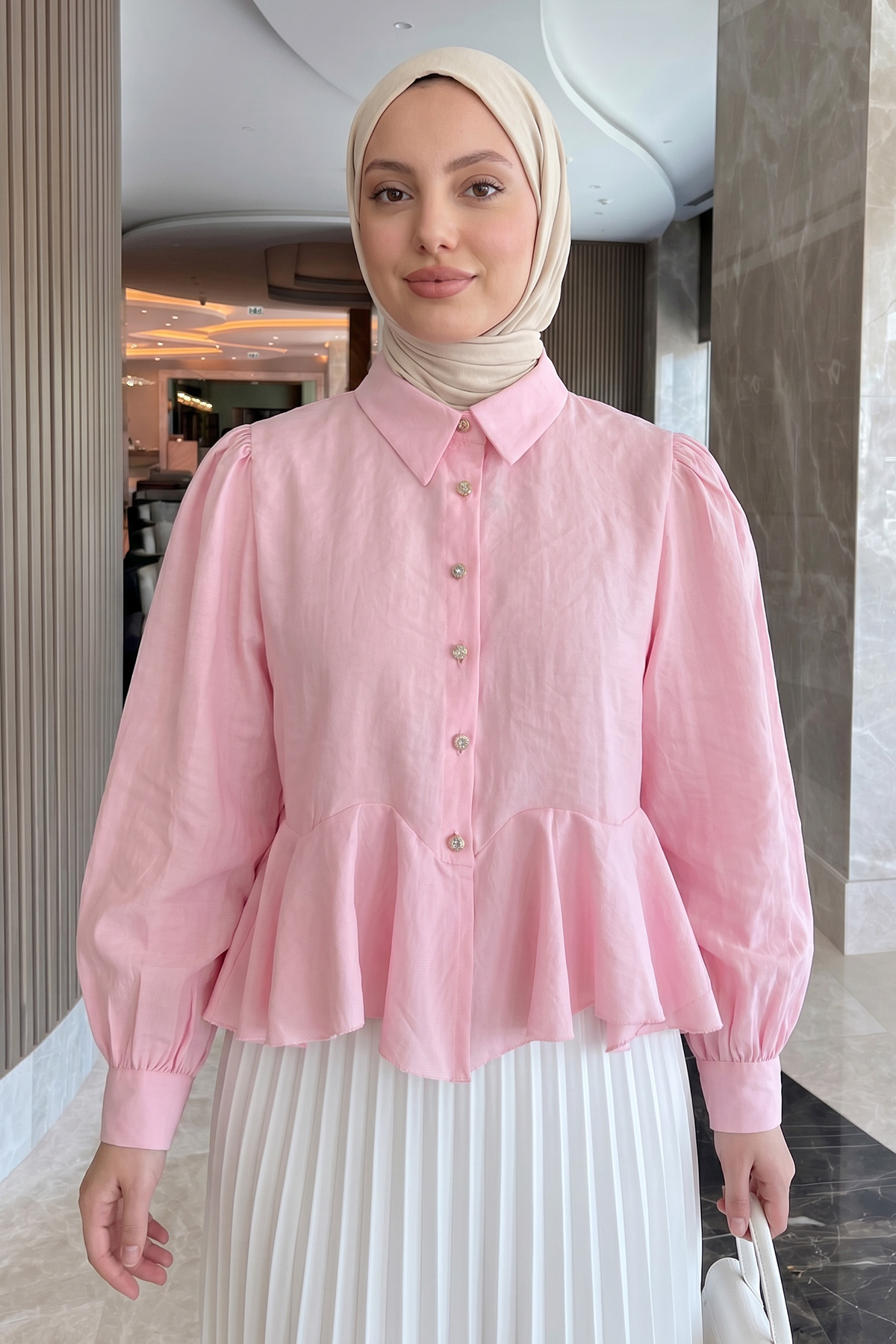 Volan Detaylı Balon Kol Gömlek Y00095 - PEMBE |  