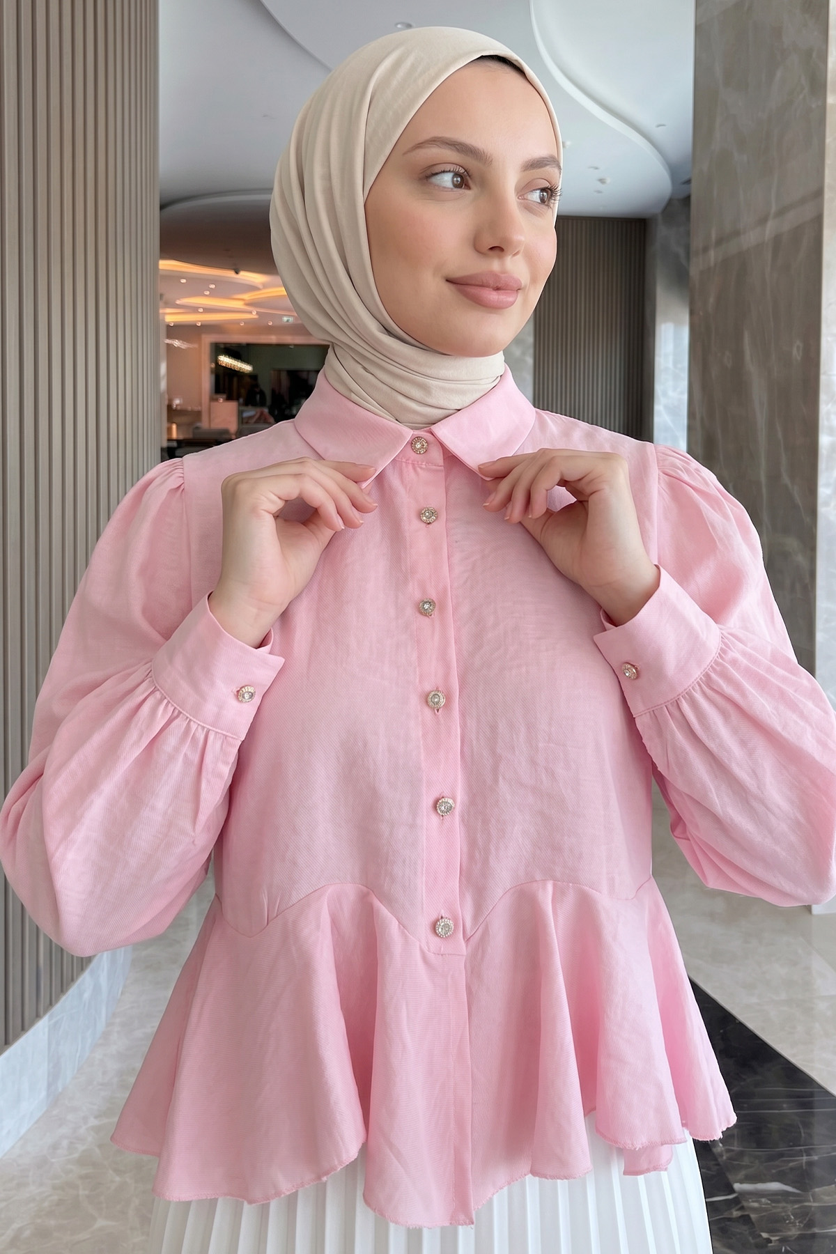 Volan Detaylı Balon Kol Gömlek Y00095 - PEMBE |  