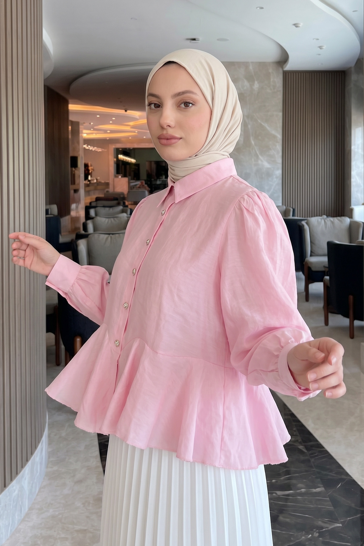 Volan Detaylı Balon Kol Gömlek Y00095 - PEMBE |  