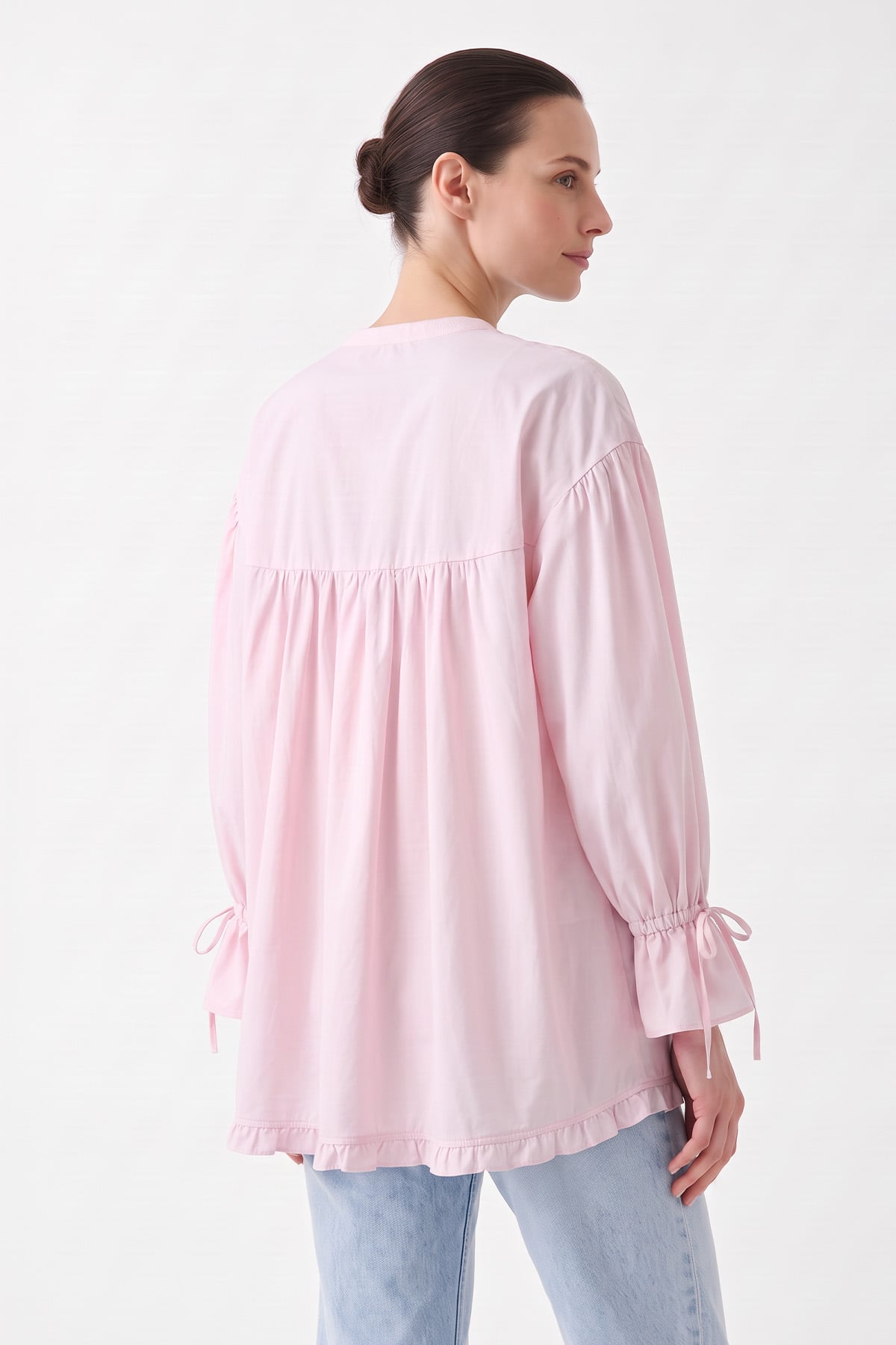 Kol Büzgülü Fırfırlı Gömlek Y0093 - PEMBE | zenne.com 