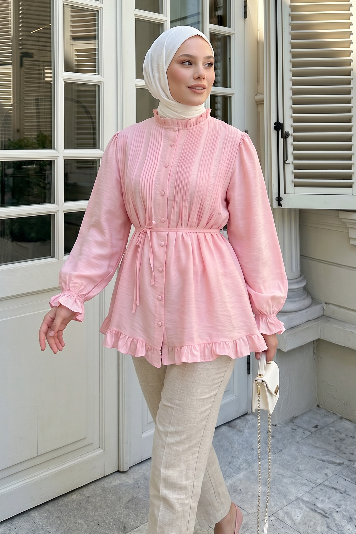 Yaka Nervürlü Gömlek Y0109 - PEMBE |  