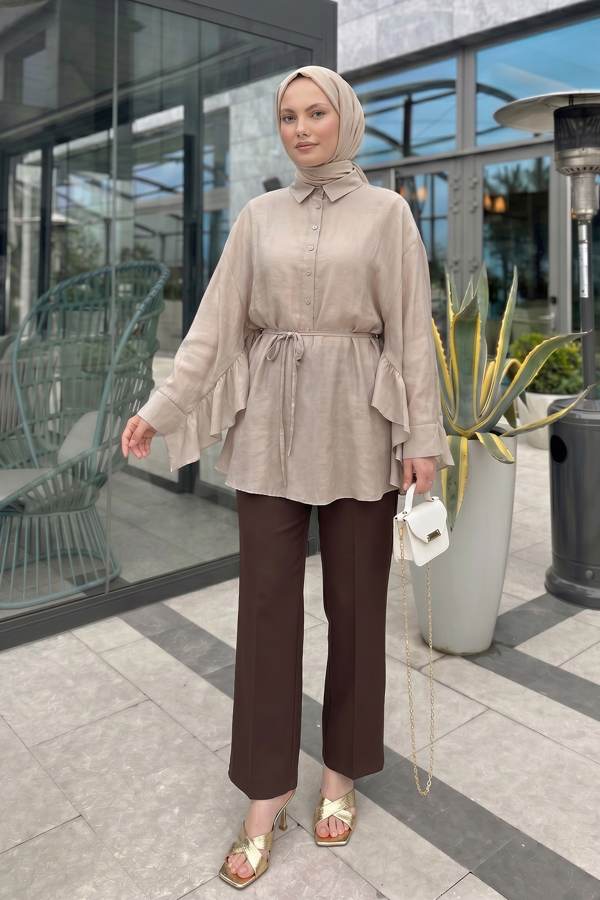Volan Detaylı  Bağcıklı Tunik Y0136 - BEJ |  