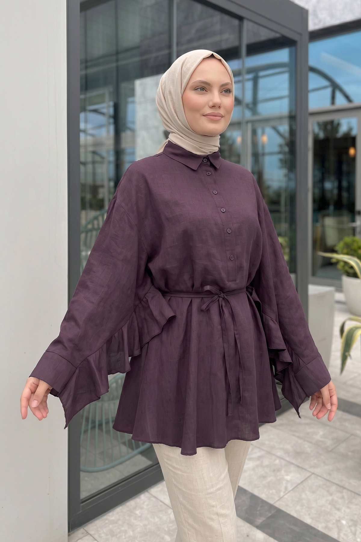 Volan Detaylı  Bağcıklı Tunik Y0136 - MÜRDÜM |  