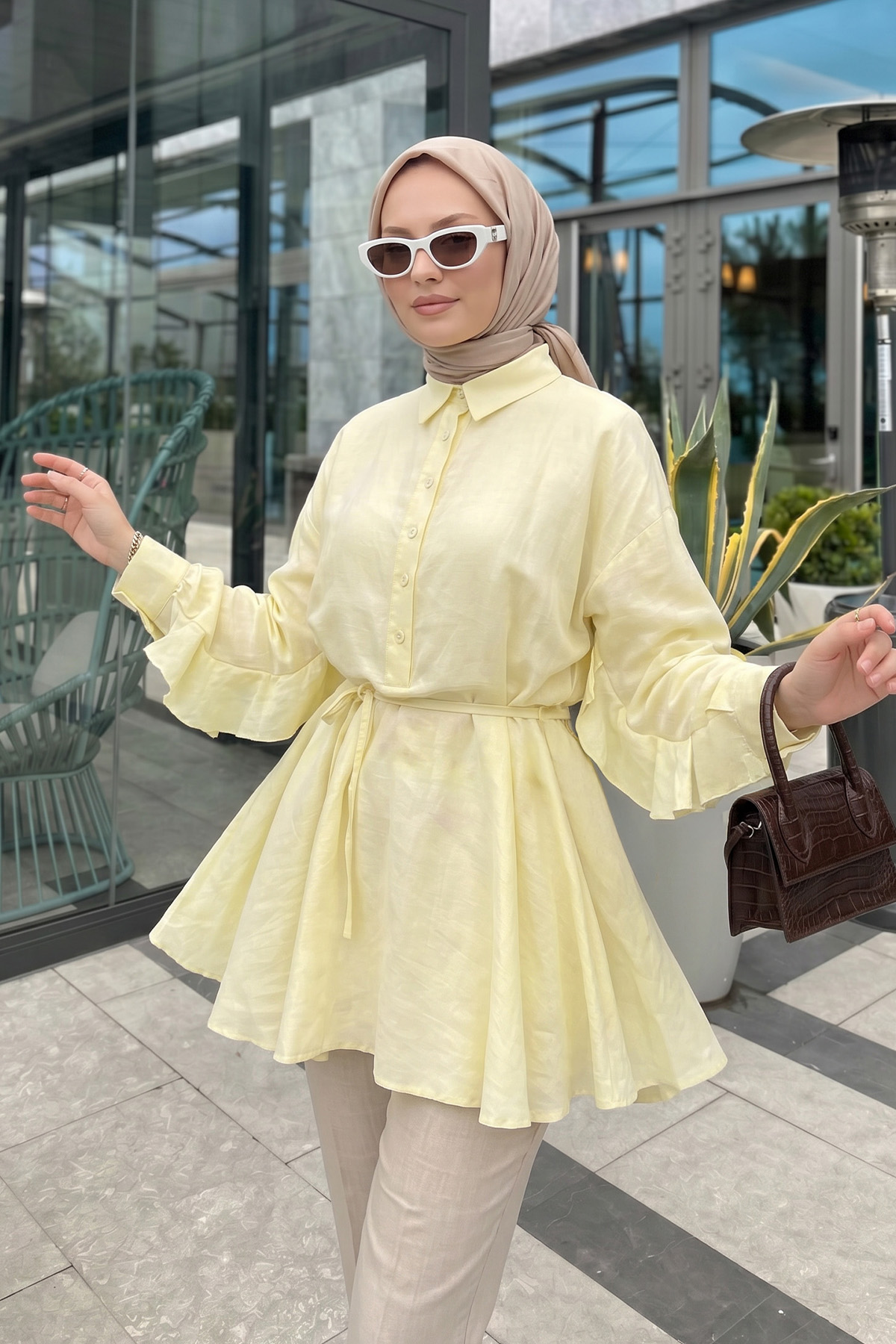 Volan Detaylı  Bağcıklı Tunik Y0136 - SARI |  