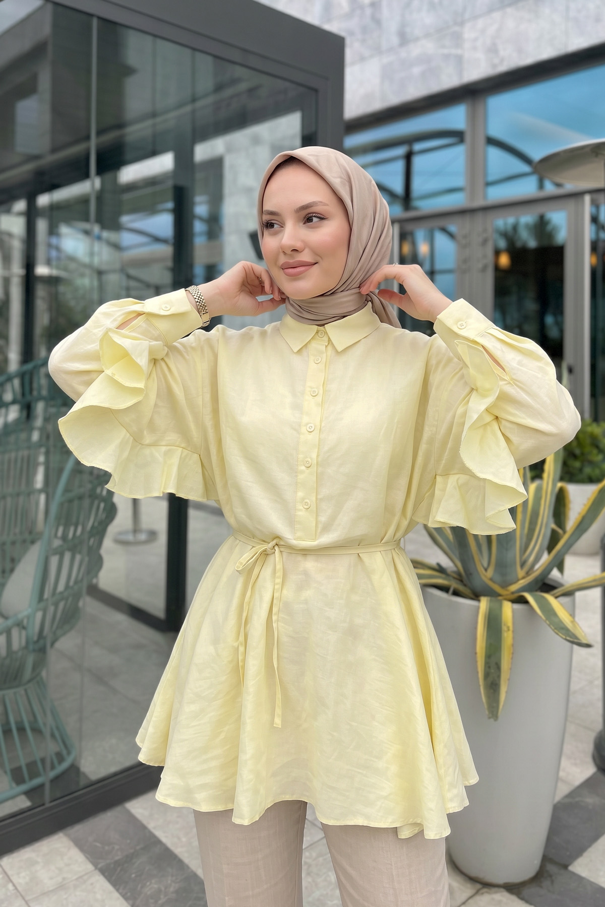 Volan Detaylı  Bağcıklı Tunik Y0136 - SARI |  