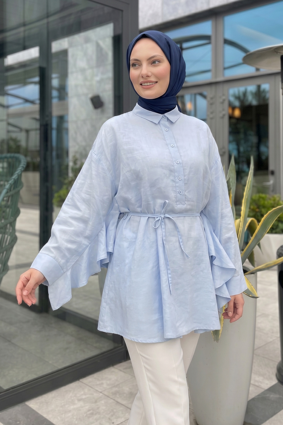 Volan Detaylı  Bağcıklı Tunik Y0136 - BEBE MAVİSİ |  