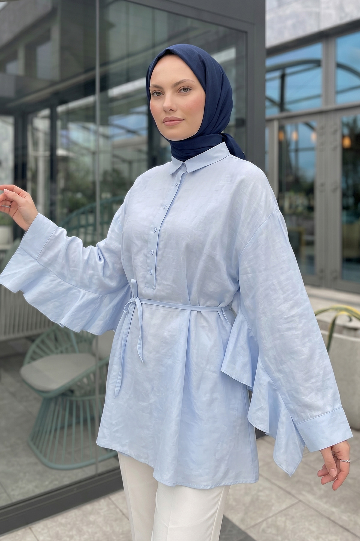 Volan Detaylı  Bağcıklı Tunik Y0136 - BEBE MAVİSİ |  