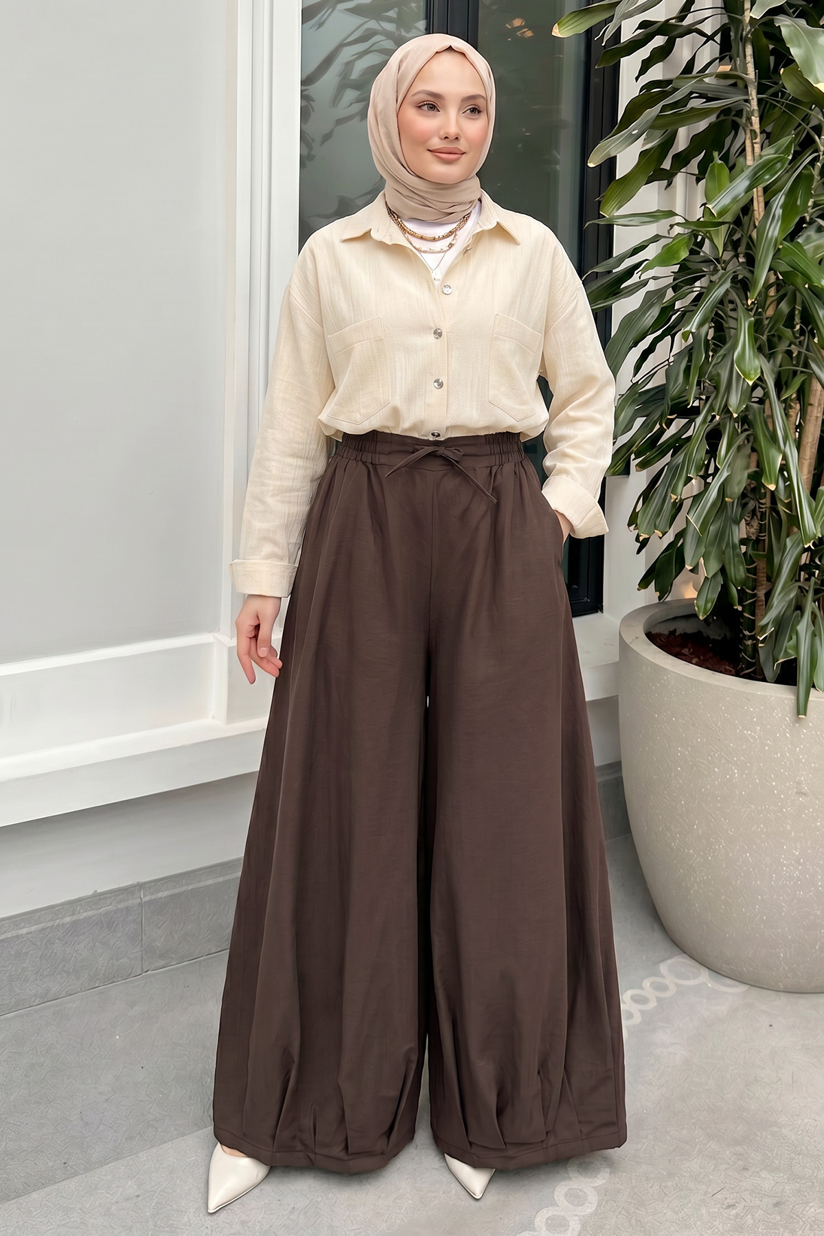 Geniş Paça Şalvar Pantolon Y0145 - KAHVERENGİ |  