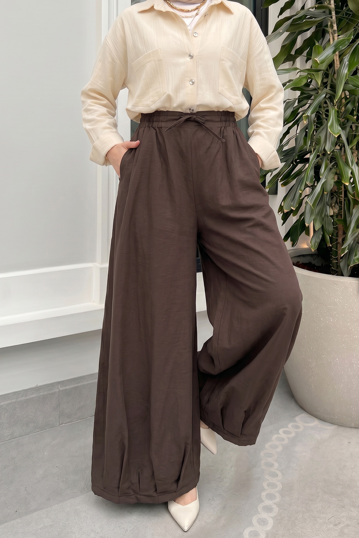 Geniş Paça Şalvar Pantolon Y0145 - KAHVERENGİ |  
