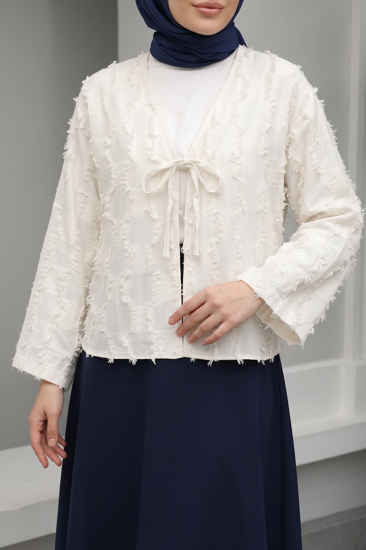 Çizgi Püsküllü Kimono 2353 - KIRIK BEYAZ |  