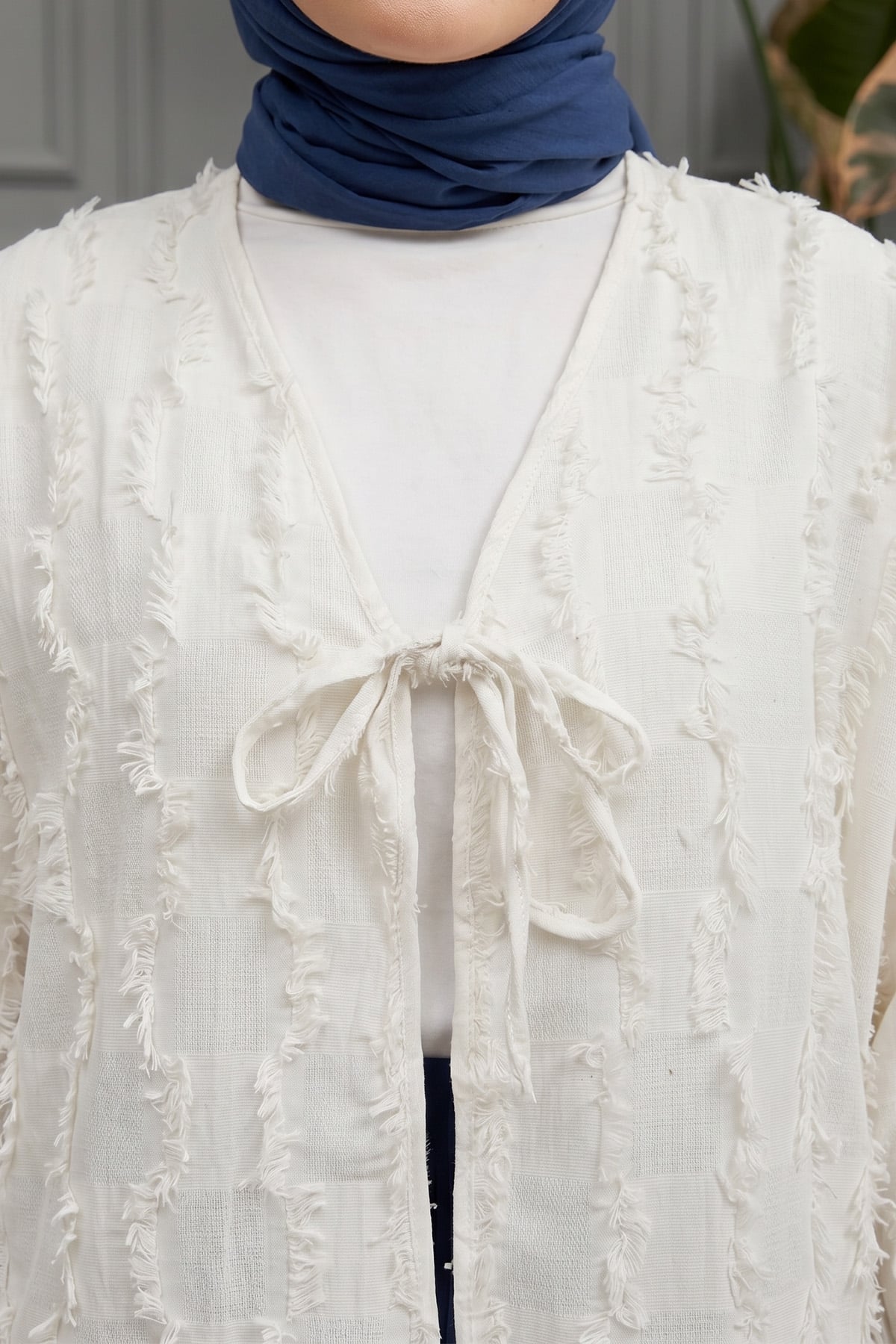 Çizgi Püsküllü Kimono 2353 - KIRIK BEYAZ |  