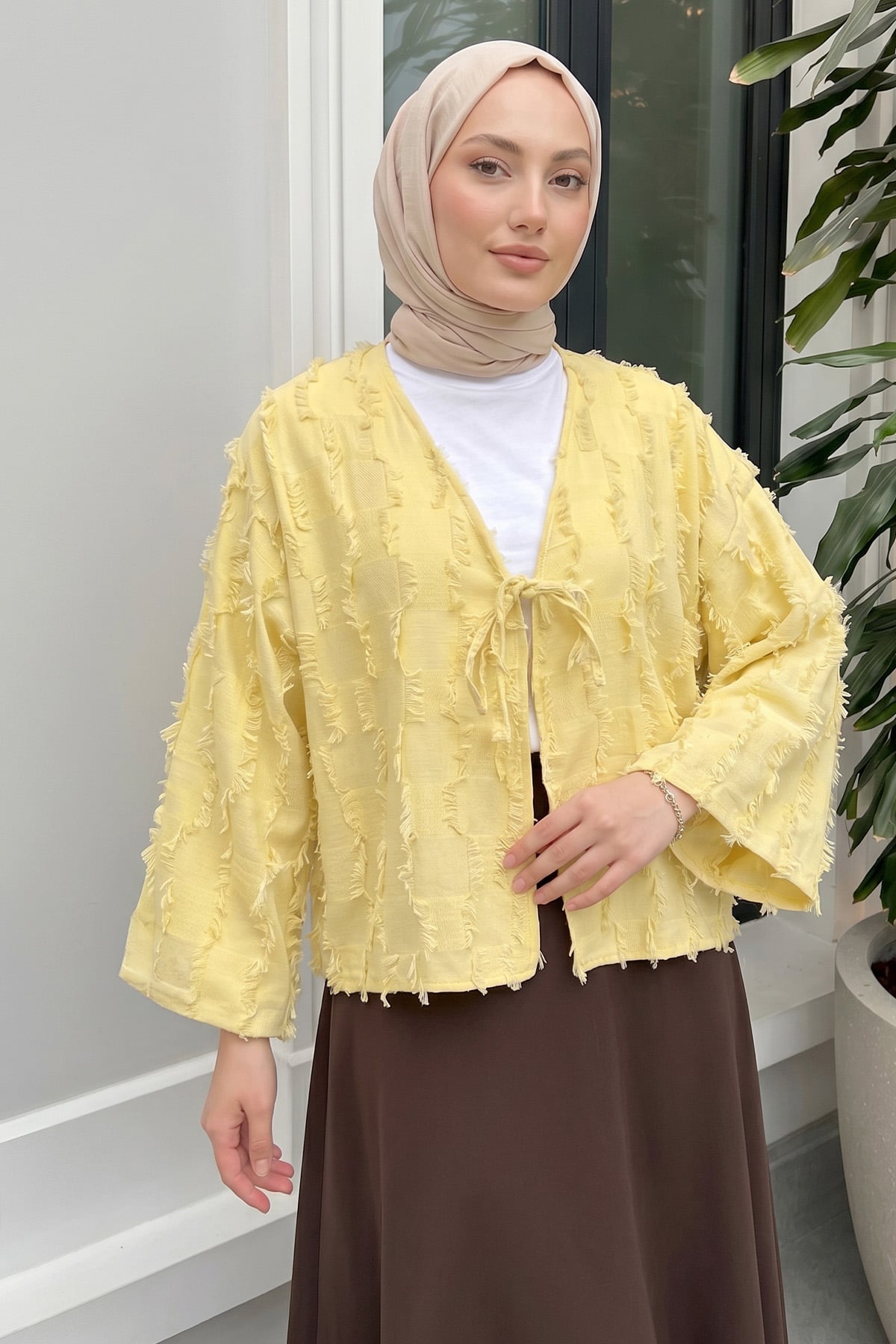 Çizgi Püsküllü Kimono 2353 - SARI |  