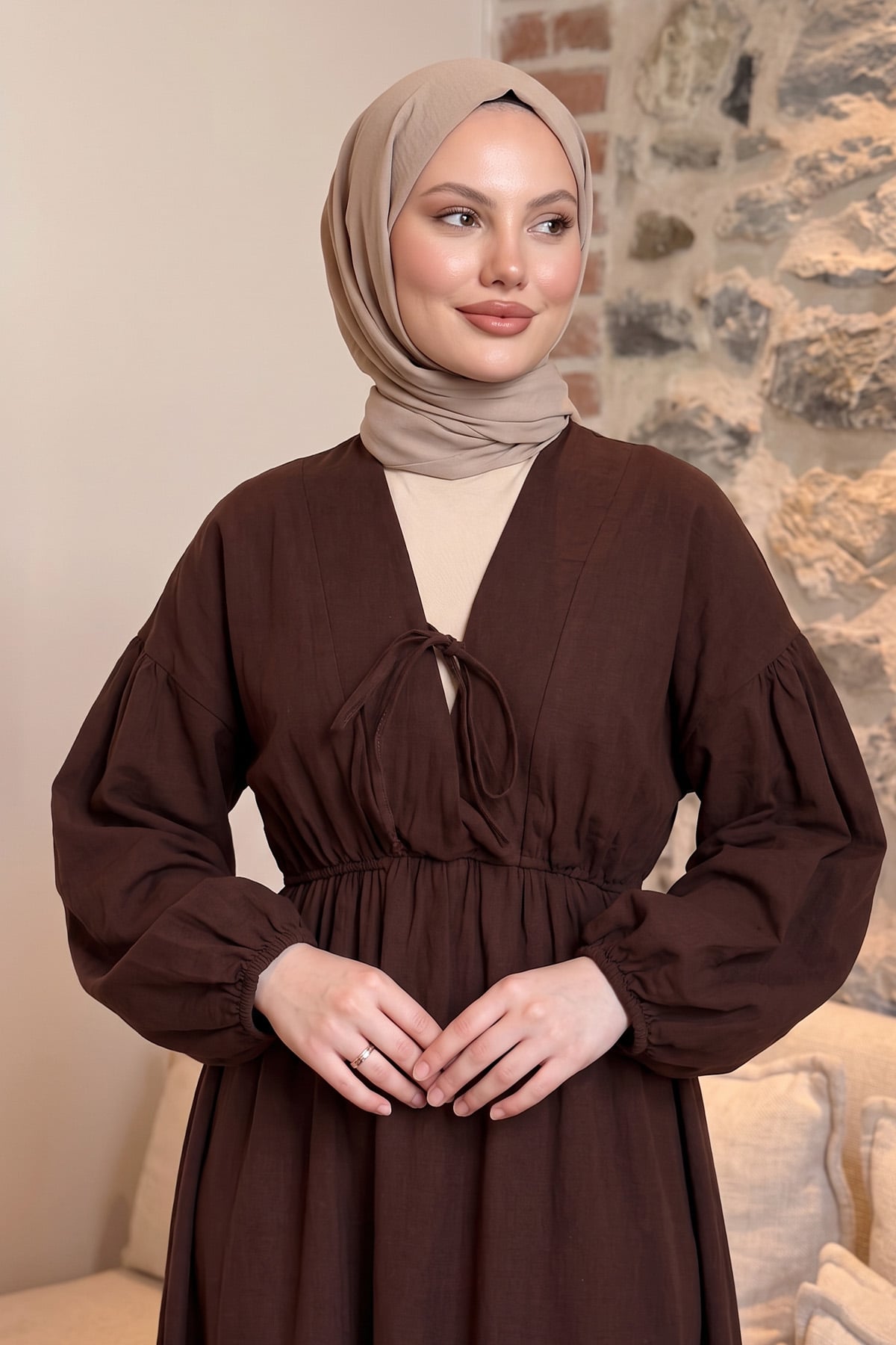 V Yaka Keten Elbise 3071 - ACI KAHVE |  