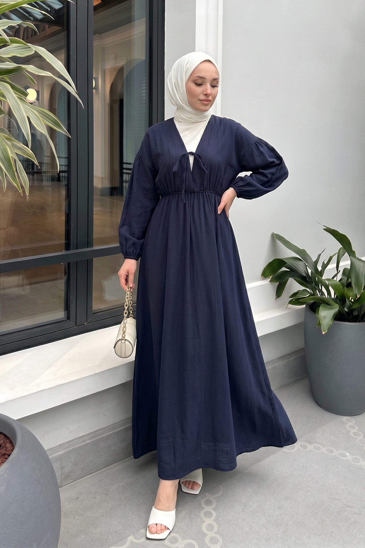 V Yaka Keten Elbise 3071 - LACİVERT |  