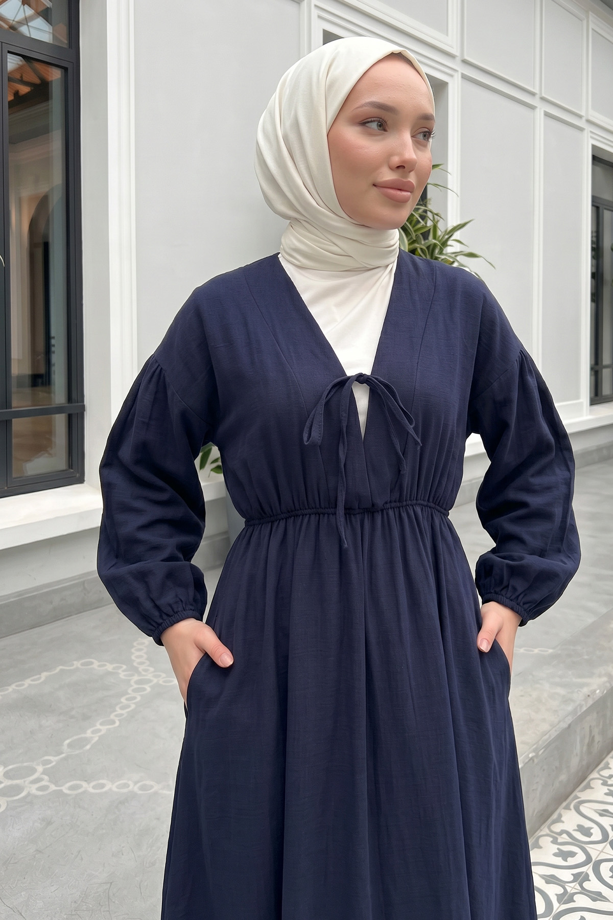 V Yaka Keten Elbise 3071 - LACİVERT |  