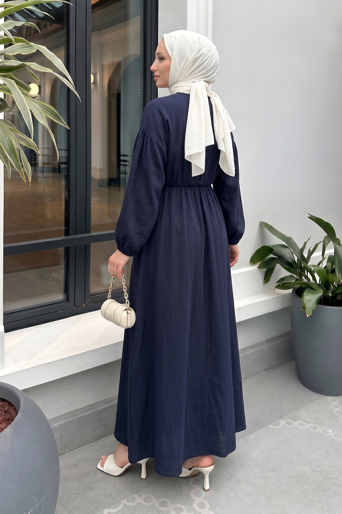 V Yaka Keten Elbise 3071 - LACİVERT |  