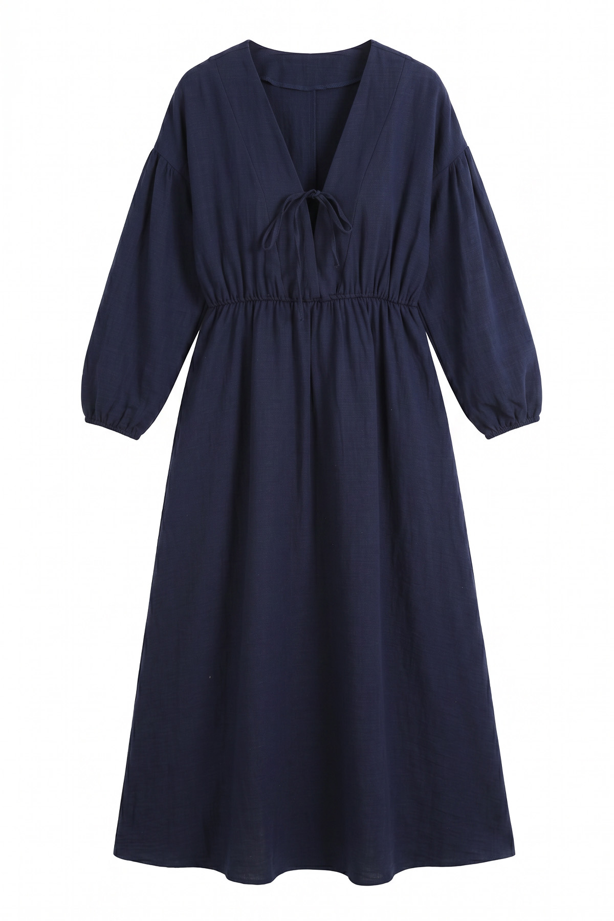 V Yaka Keten Elbise 3071 - LACİVERT |  