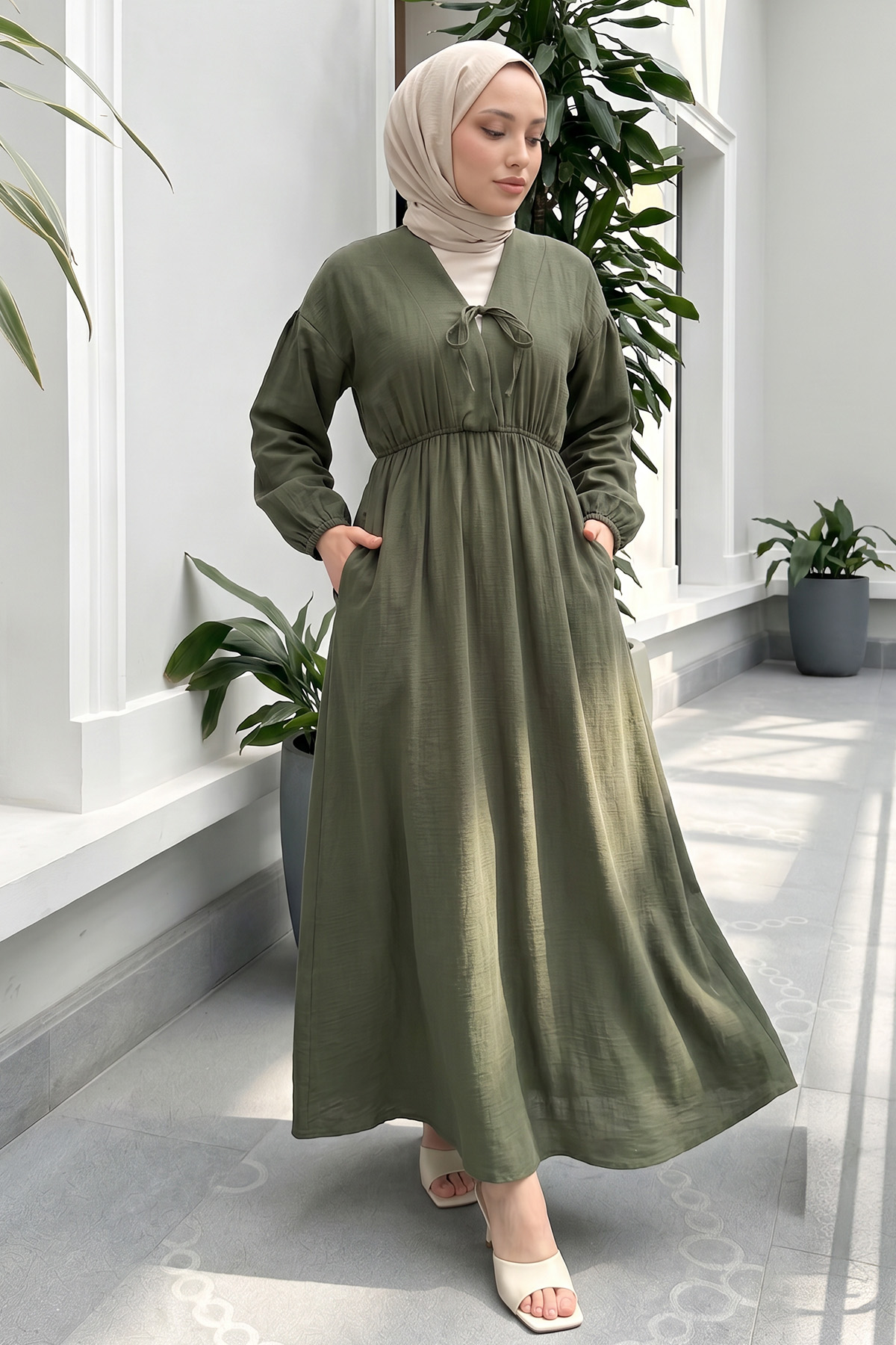 V Yaka Keten Elbise 3071 - HAKİ |  