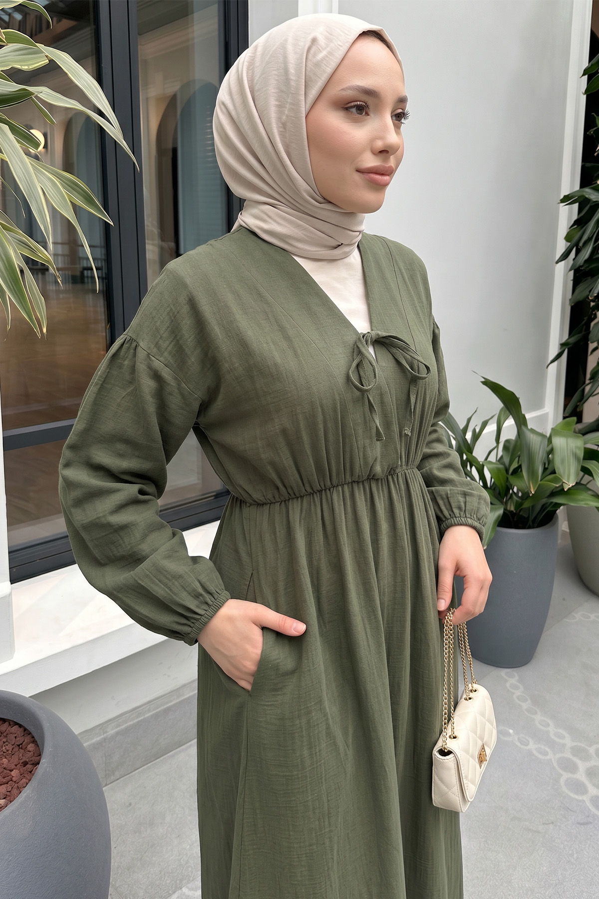 V Yaka Keten Elbise 3071 - HAKİ |  