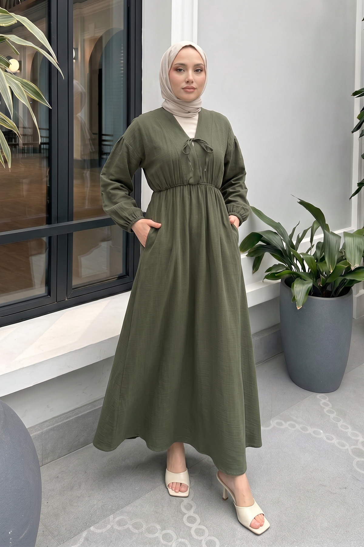 V Yaka Keten Elbise 3071 - HAKİ |  