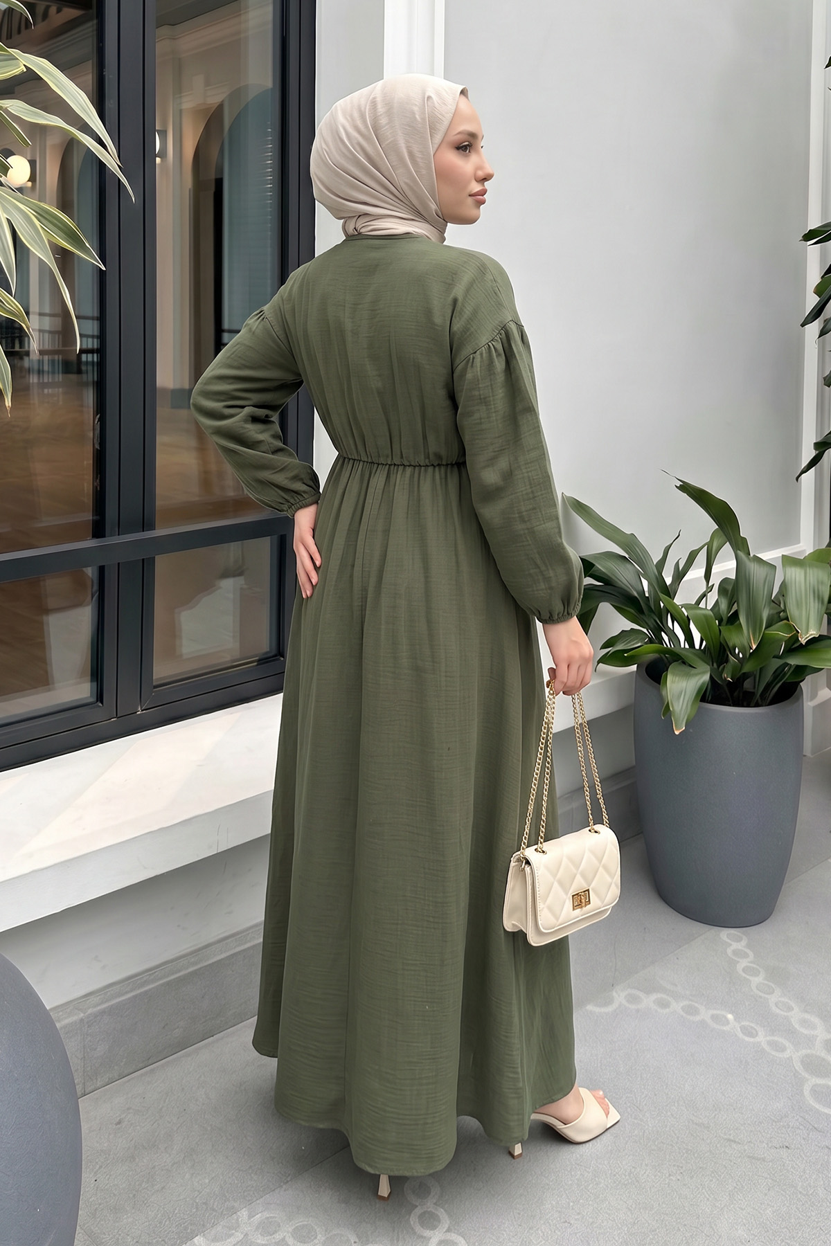 V Yaka Keten Elbise 3071 - HAKİ |  