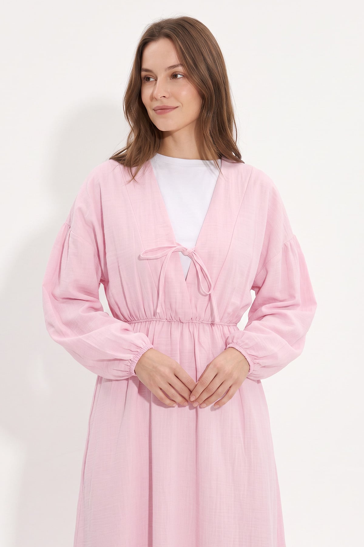 V Yaka Keten Elbise 3071 - PEMBE | zenne.com 